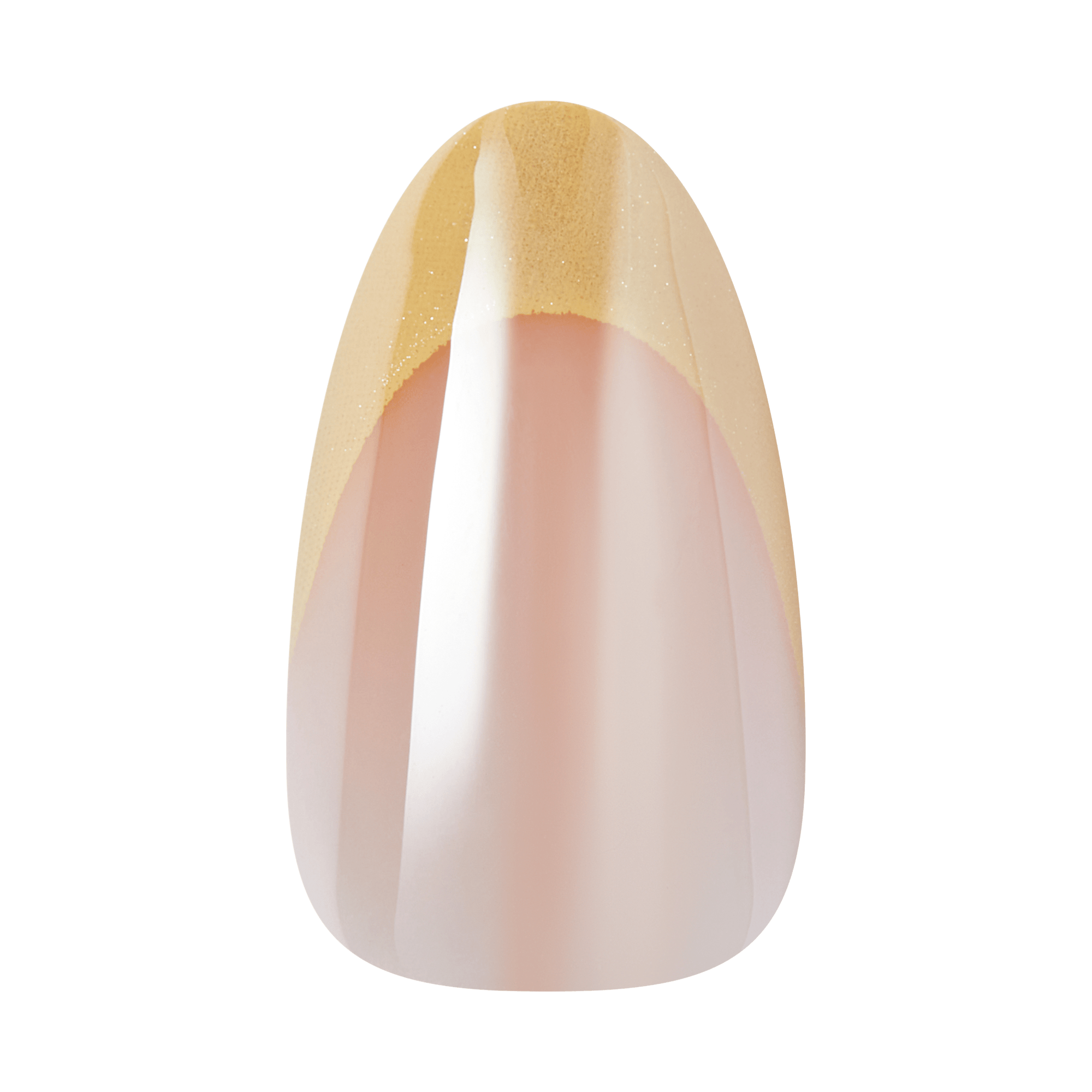 Almond-shaped nail with gold glitter tip and nude gradient base.