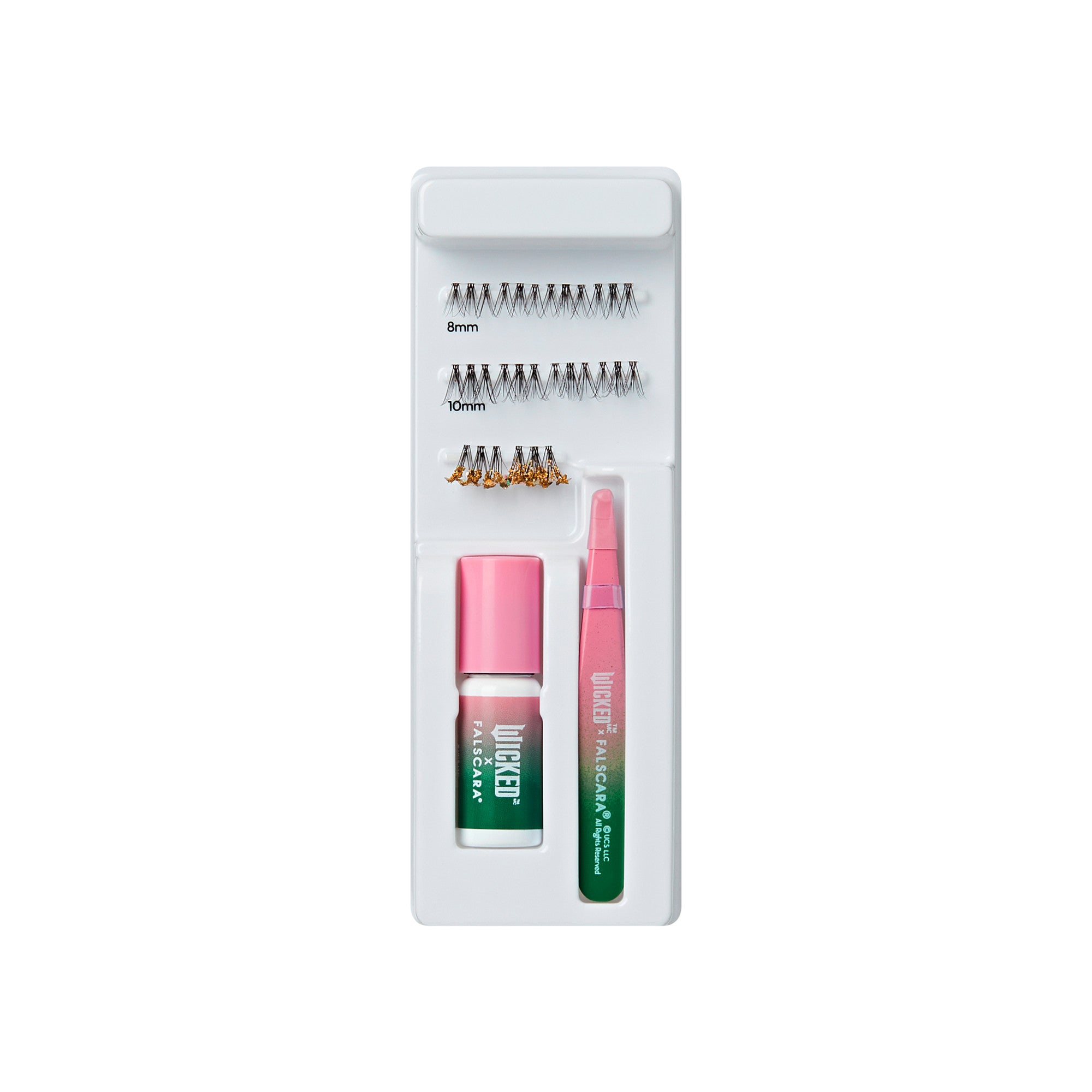 Thin false lash kit with three lash strips in lengths 8mm, 10mm, and gold-tipped clusters, plus a pink and green glue bottle and applicator tool.