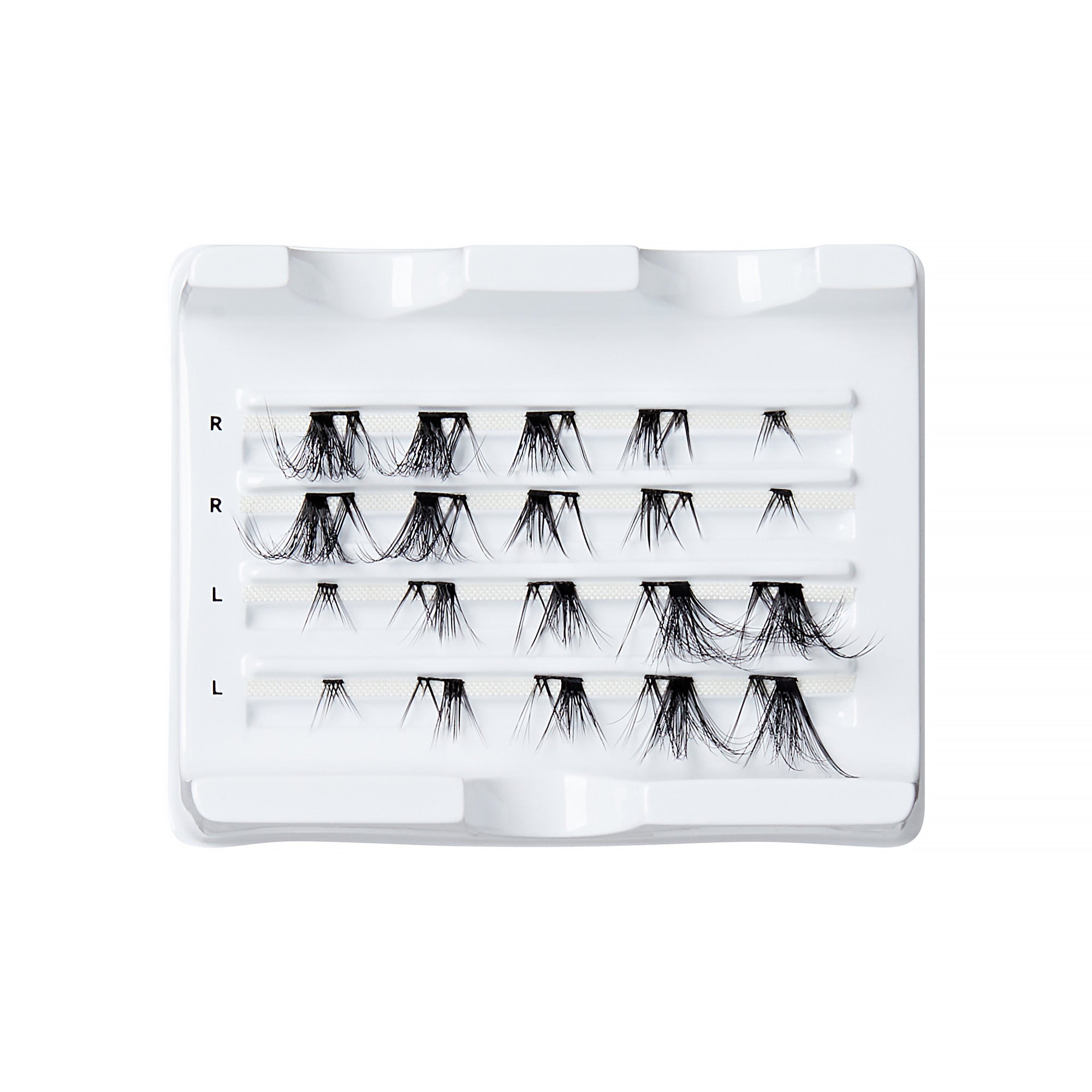 The image features a white tray containing several rows of false eyelashes. Each row is labeled with letters indicating the orientation: "R" for right, "L" for left, and "R" again for right. The lashes vary in length and style, showcasing a mix of natural and dramatic looks. The overall presentation is organized and neat, highlighting the different options available for enhancing eyelashes.