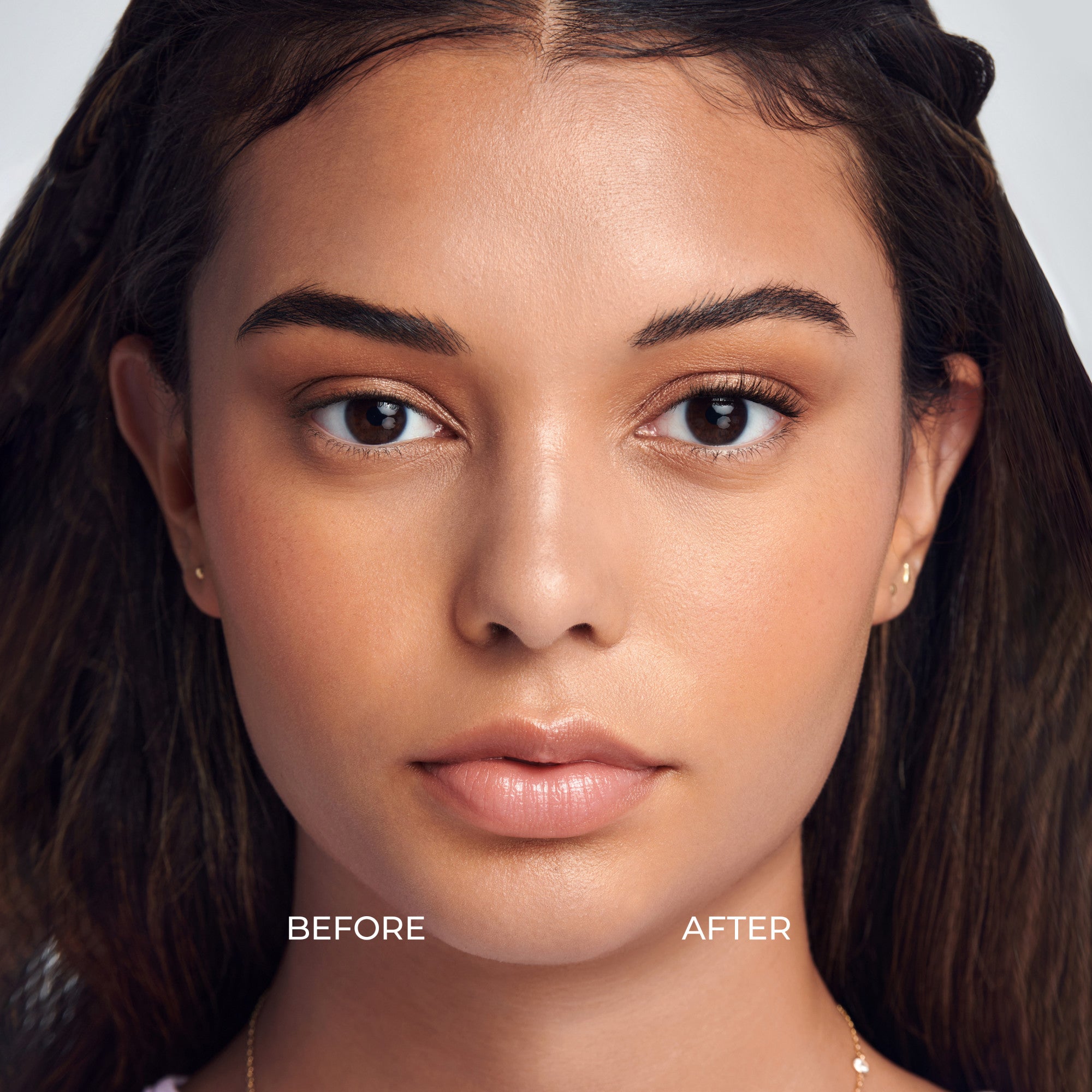 Close-up of a woman’s face showing a before-and-after comparison on her eyes, with one natural eye and the other enhanced using self-adhesive \