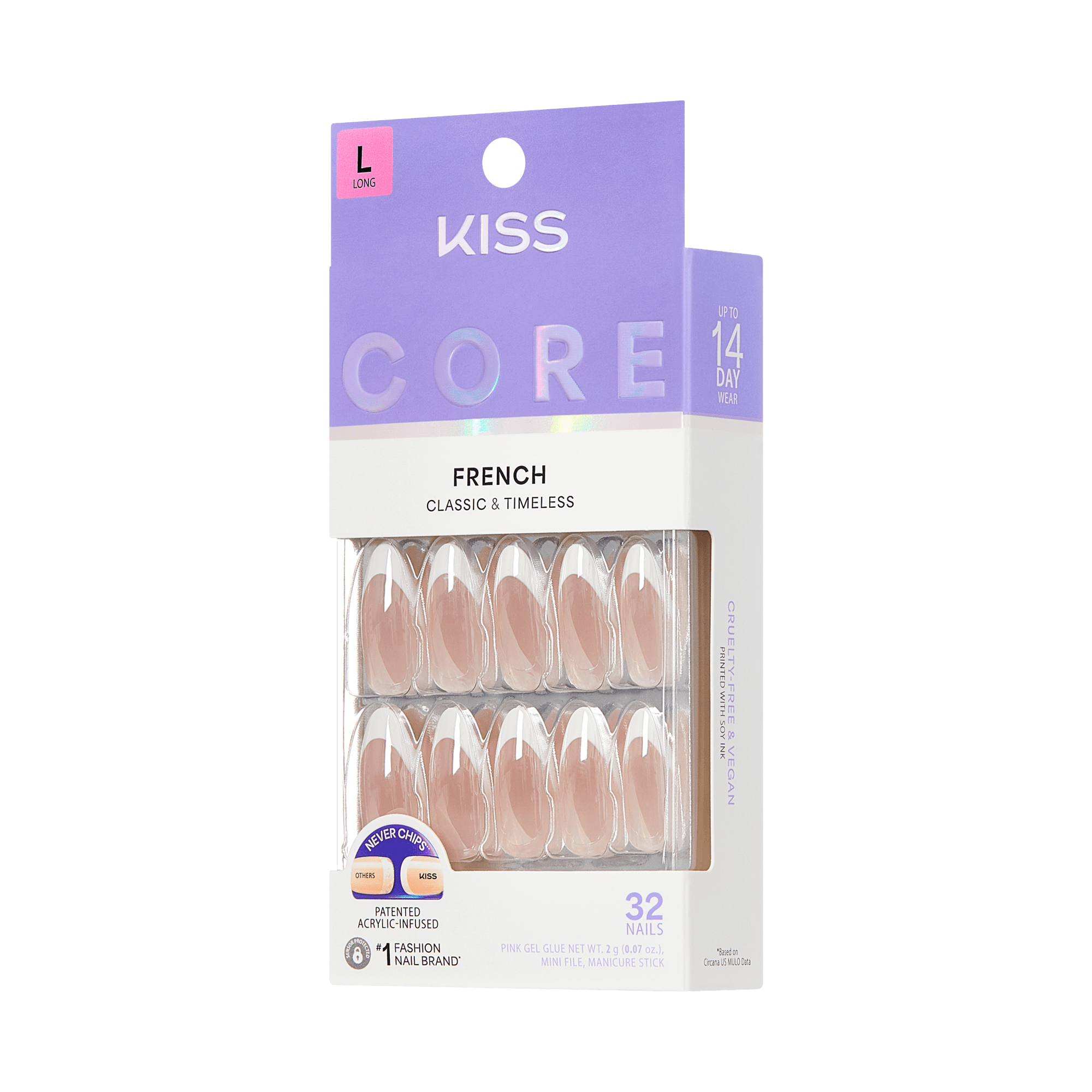 KISS Core French Nail Kit, 32 Long Nails, Classic White Tip Design
