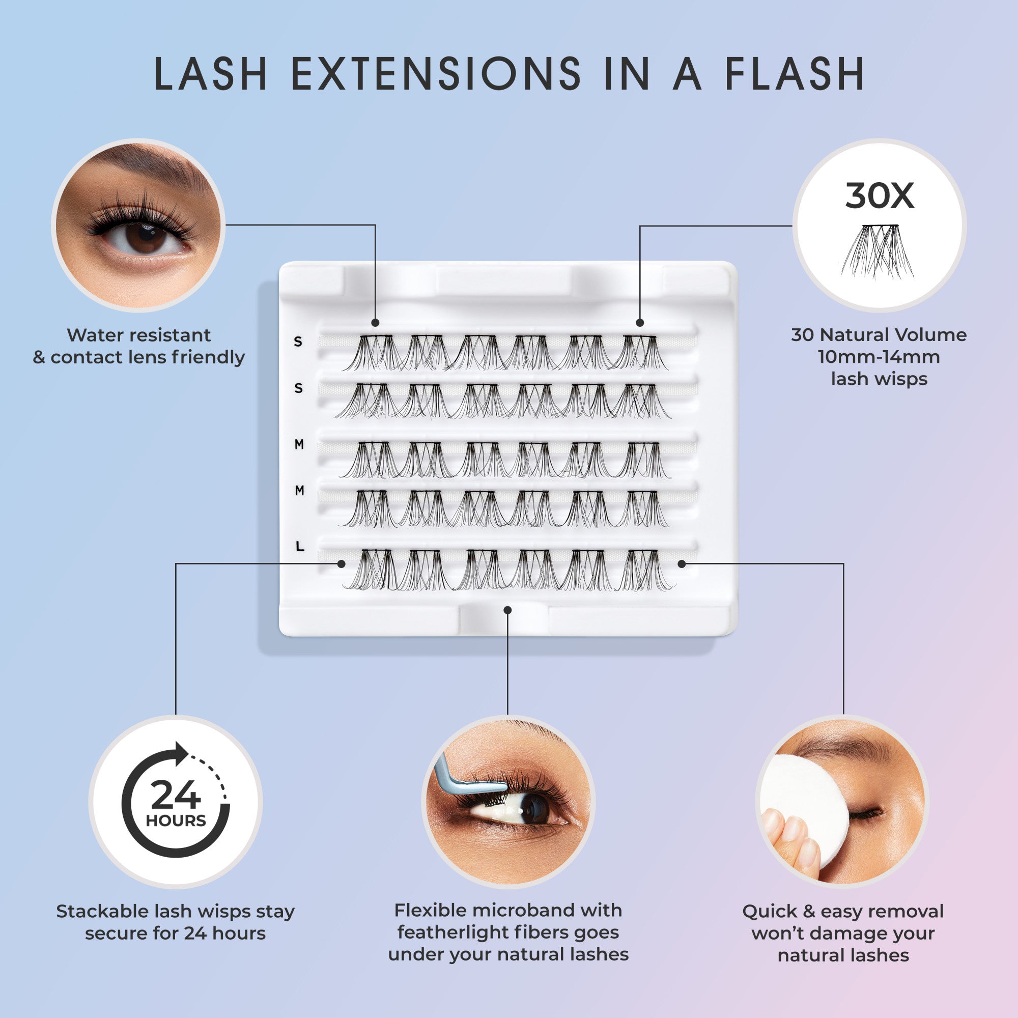 White tray with five rows of black natural volume eyelash wisps in small, medium, and large sizes, displayed on a blue gradient background.
