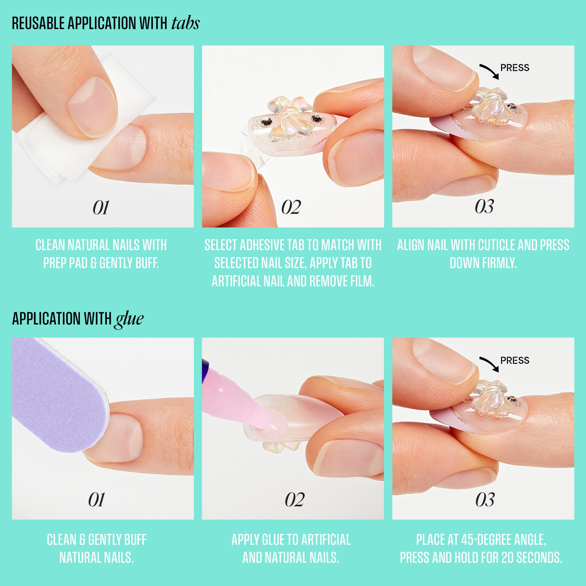 Step-by-step guide for applying artificial nails with adhesive tabs and glue.