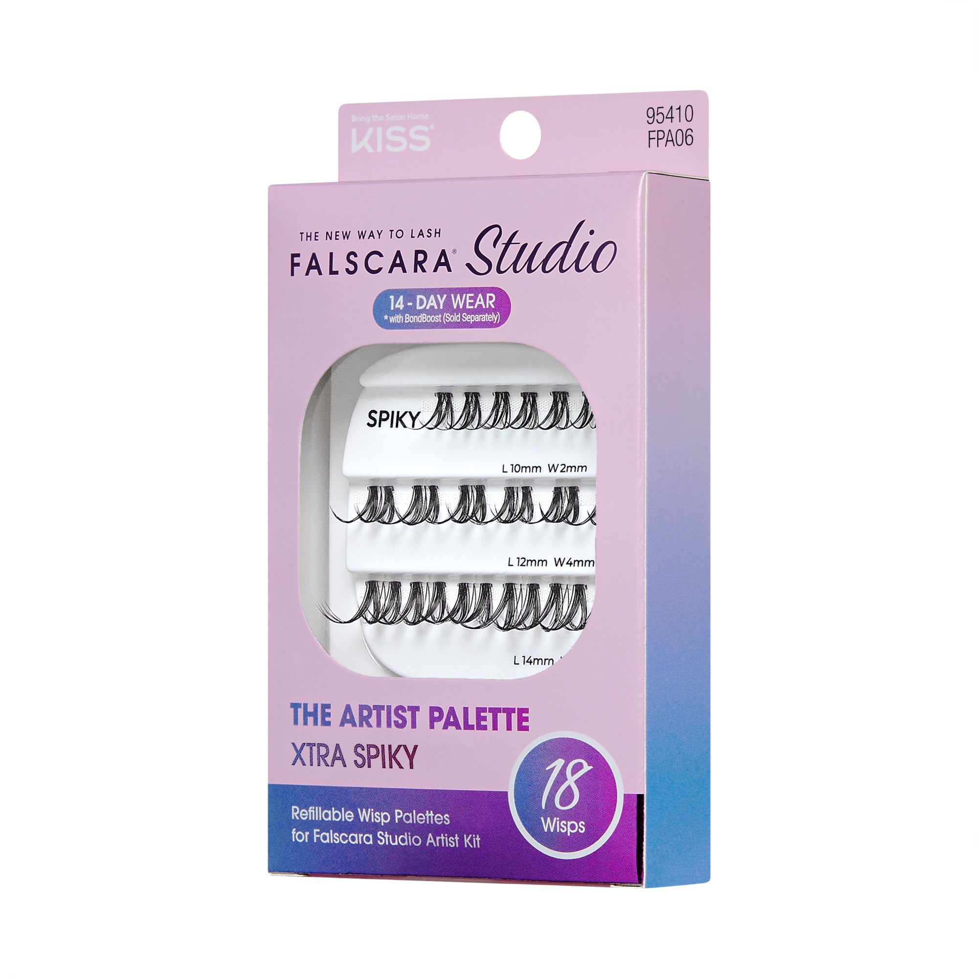 The image features a product packaging for "Falscara Studio" by Kiss, specifically the "The Artist Palette" in the "Xtra Spiky" style. The box is designed with a gradient color scheme transitioning from purple to pink. It prominently displays the product name and indicates that it contains 18 wisp lashes of varying lengths (10mm, 12mm, and 14mm). The packaging emphasizes that these lashes are suitable for 14-day wear and are part of a customizable lash system.