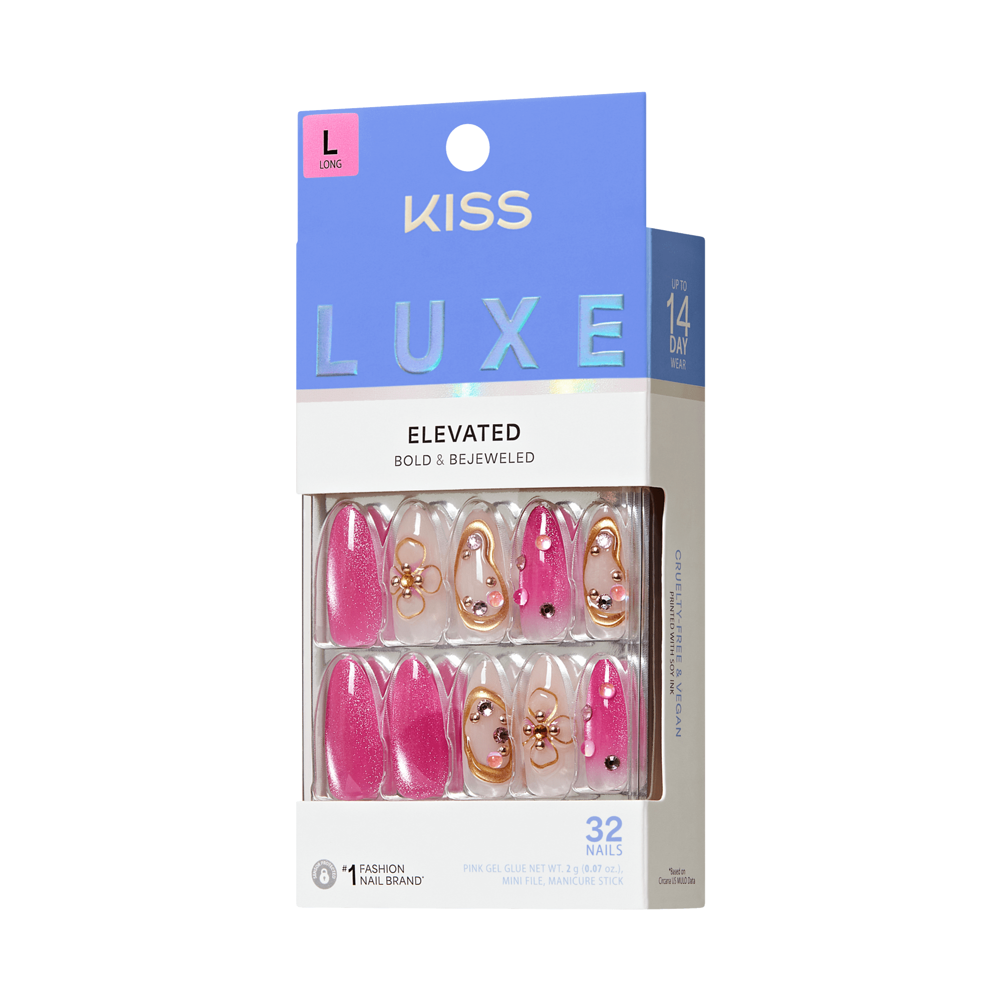 KISS Luxe Elevated Bold & Bejeweled Long Nails, 32 Count Pink Gel Set