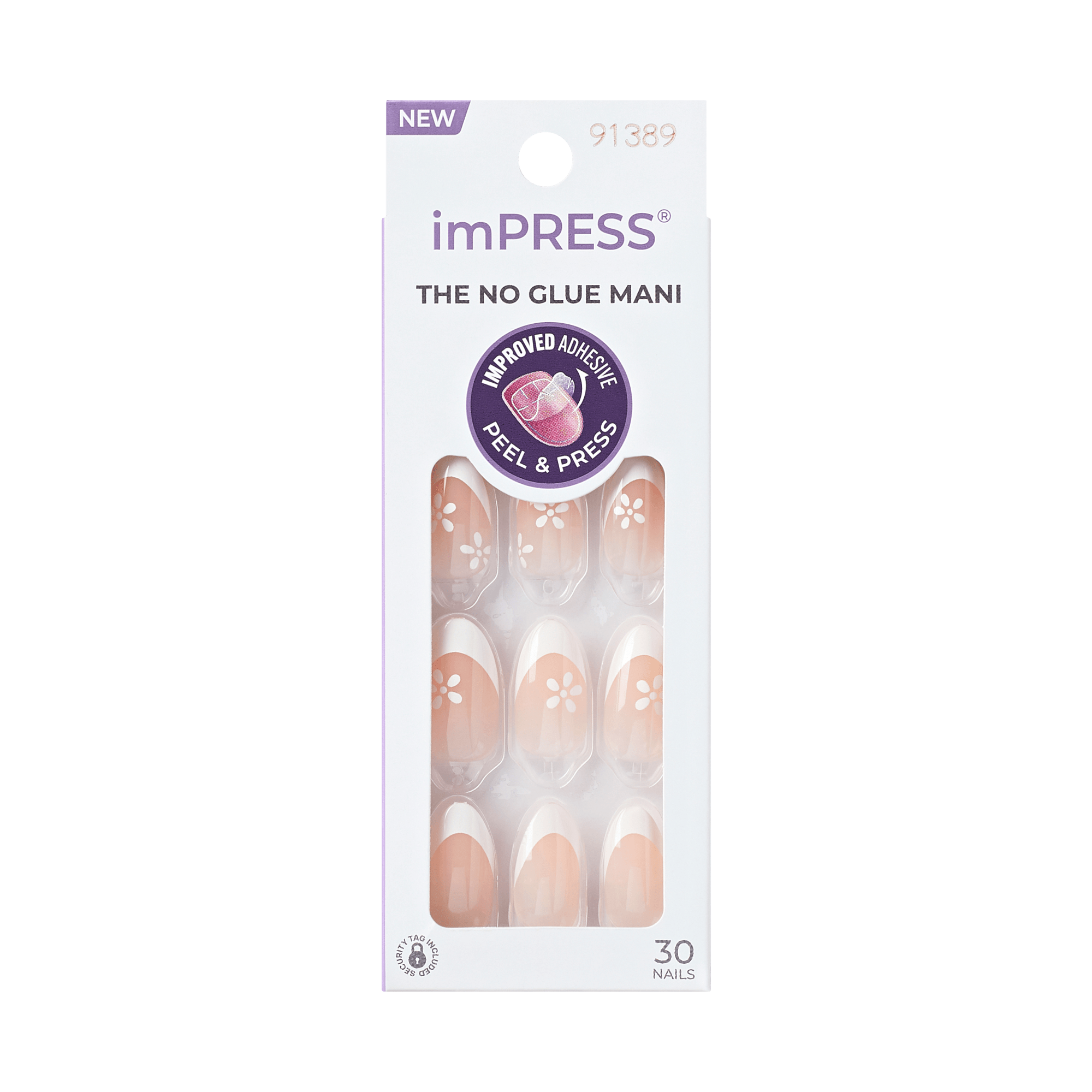 Pack of imPRESS French Press On Nails in a light nude color with white French tips and small white flower designs. Packaging highlights \