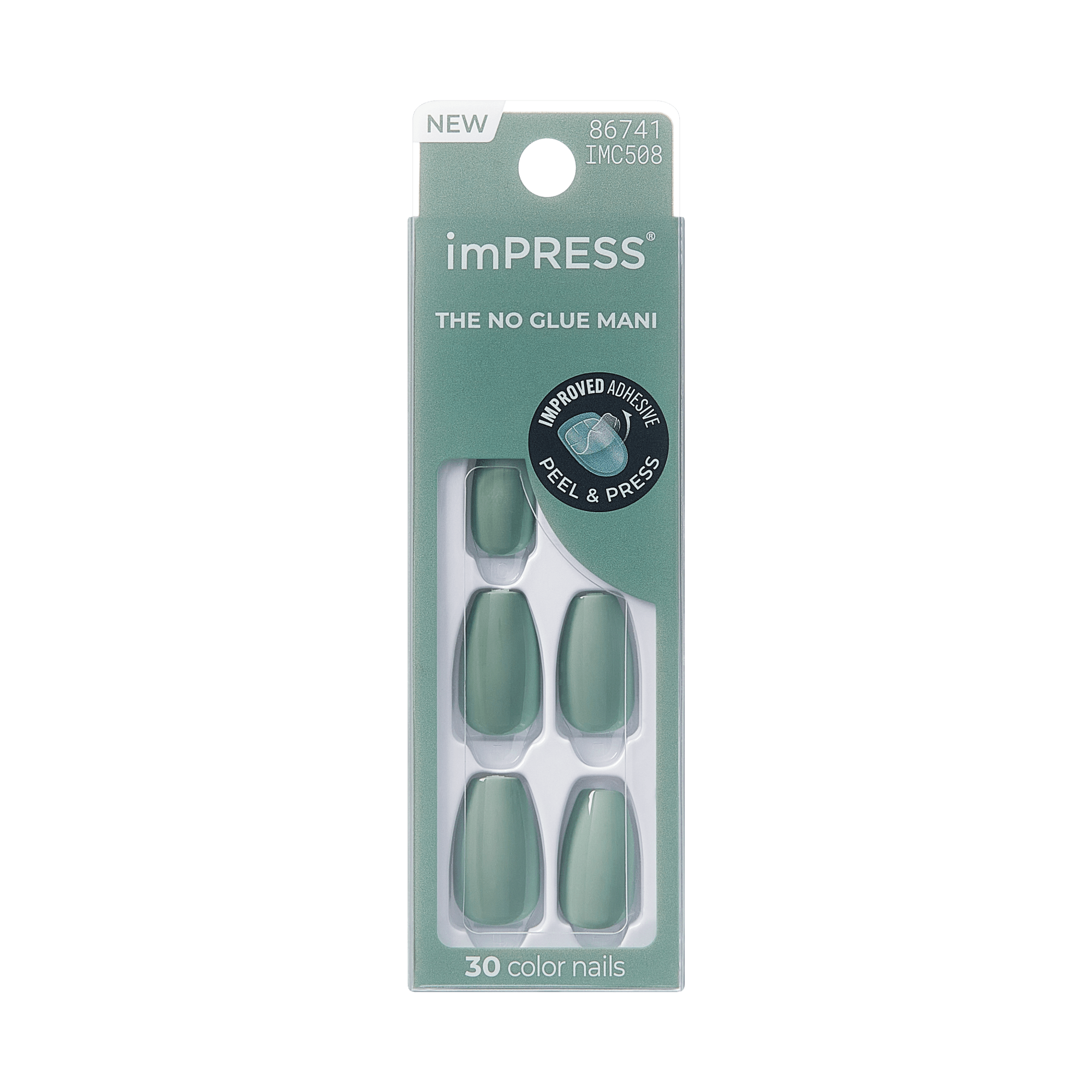 imPRESS press-on nails in matte green shade shown in package with 30 nails, labeled \
