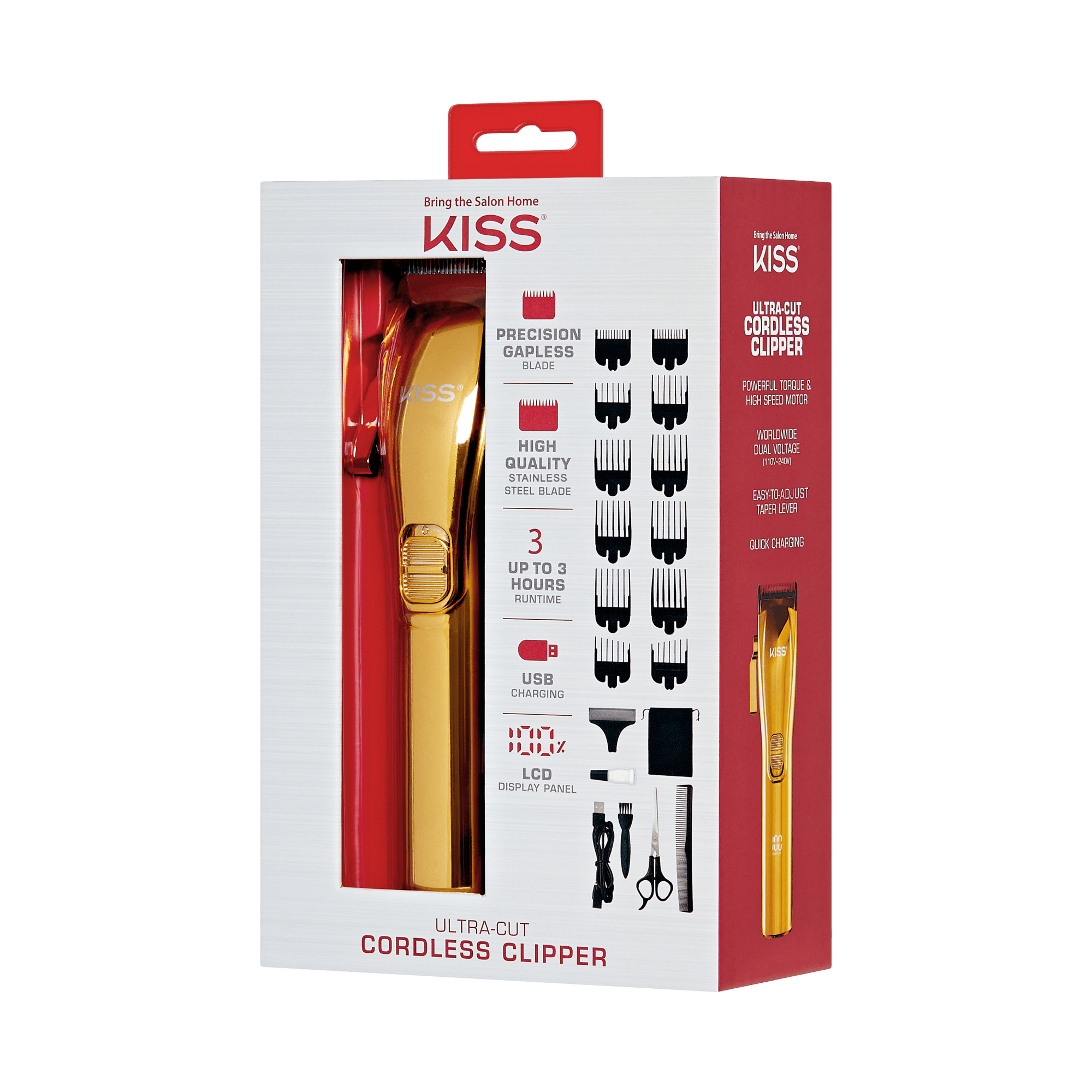 KISS Ultra-Cut Cordless Clipper gold and red packaging with accessories and blade guards displayed.