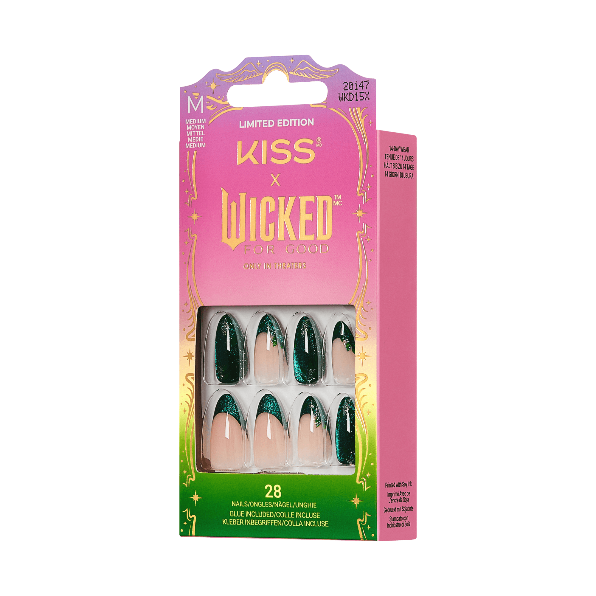 KISS x Wicked Limited Edition Press-On Nails, 28 Count, Green Glitter Design