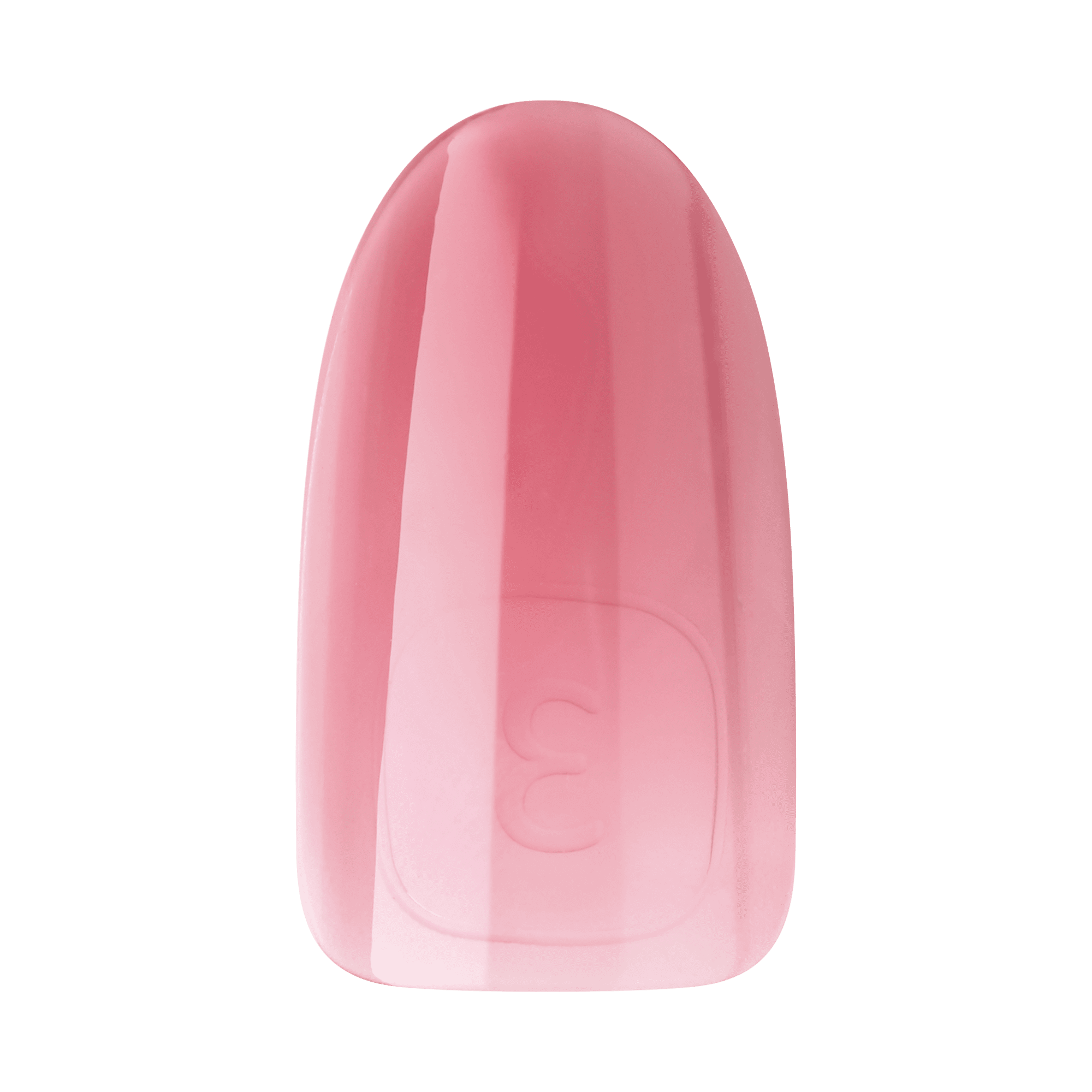Glossy press-on gel nail in soft pastel pink with a slightly rounded square shape, showing an embossed size number \
