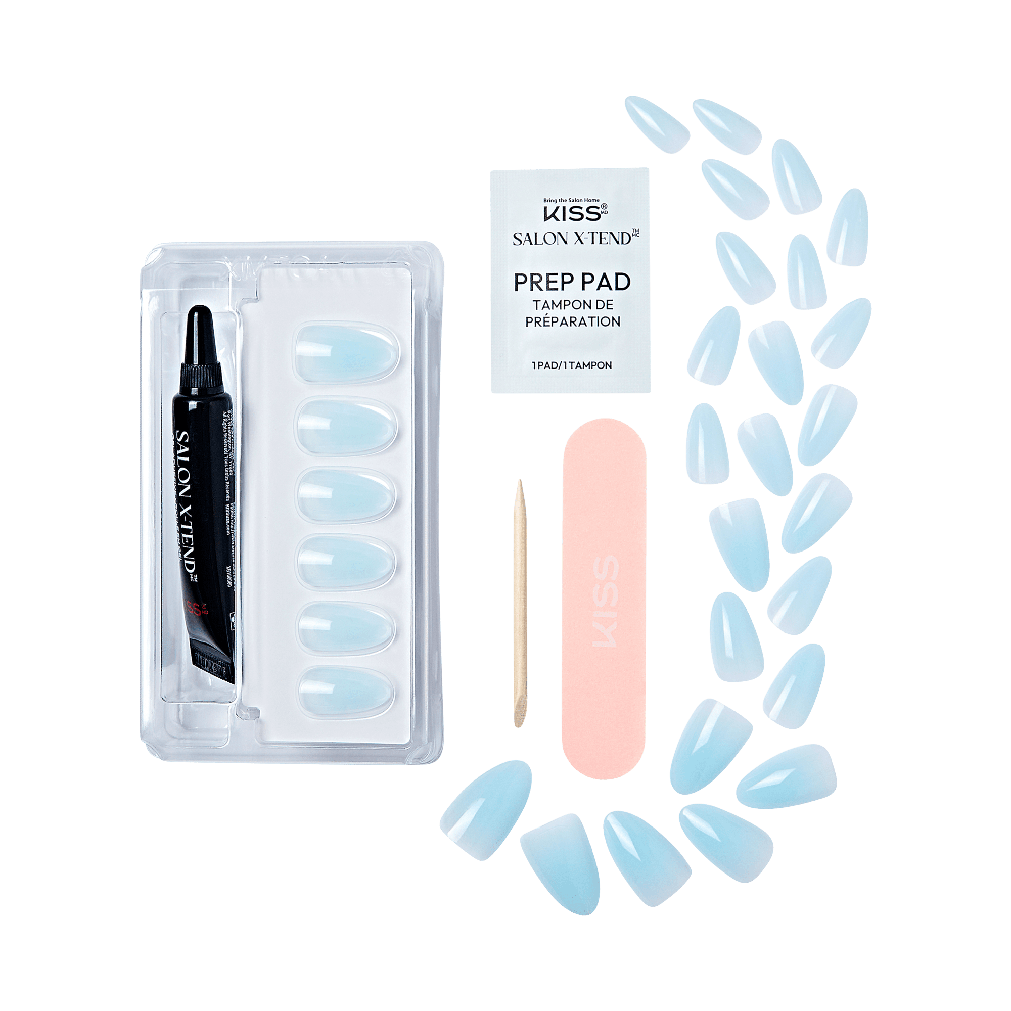 KISS Salon X-tend press-on gel nails in light blue ombre, shown with adhesive prep pad, nail glue tube, wooden cuticle stick, and pink nail file.