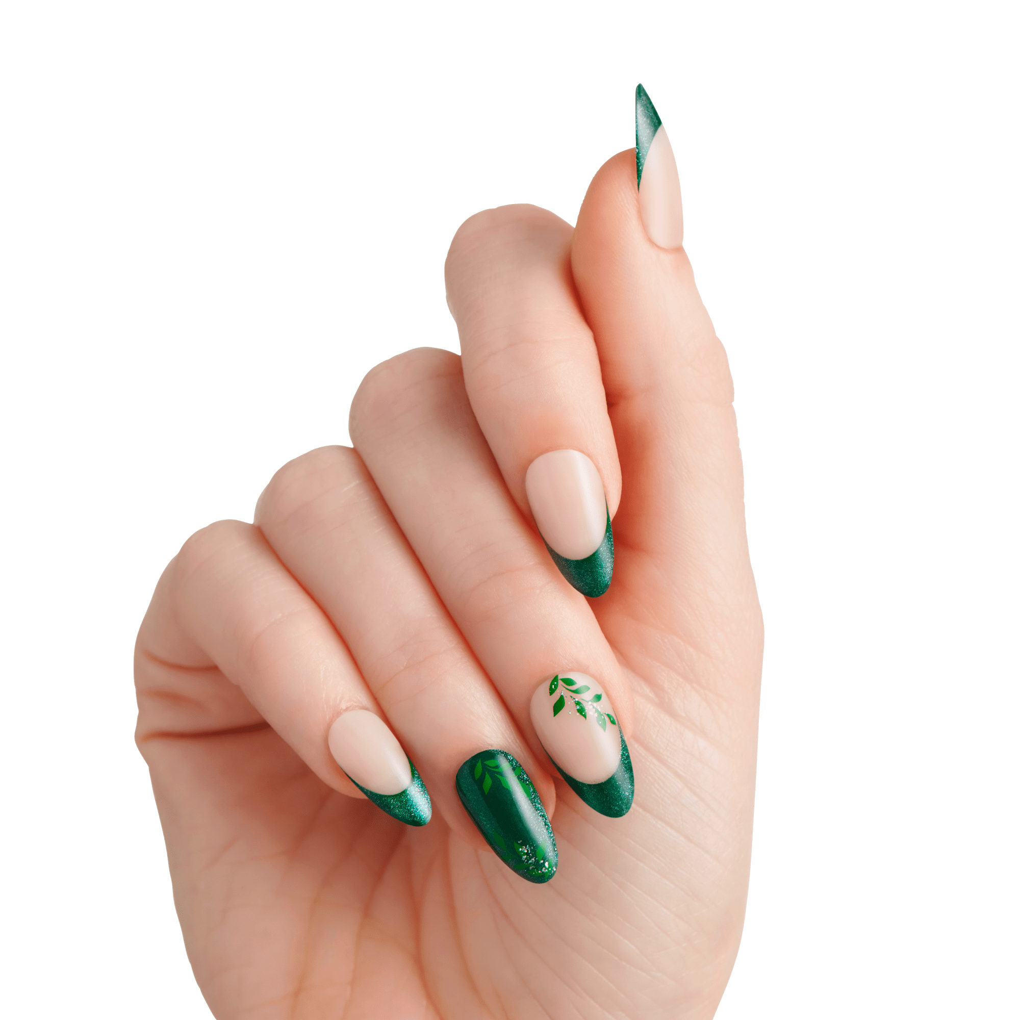 Almond nails with green glitter and leaf nail art design against white background.