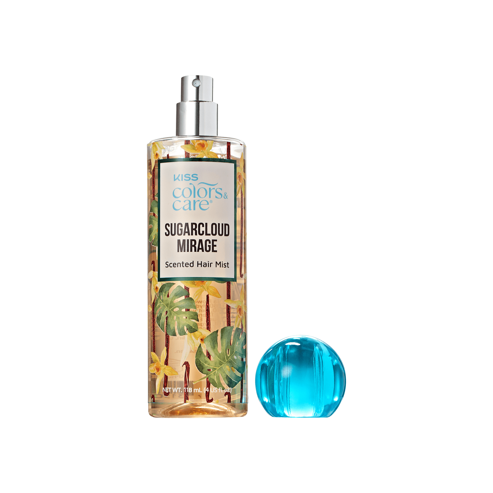 Clear spray bottle with floral and tropical leaf design, labeled "KISS Colors & Care Sugarcloud Mirage Scented Hair Mist," with a blue rounded cap beside it.