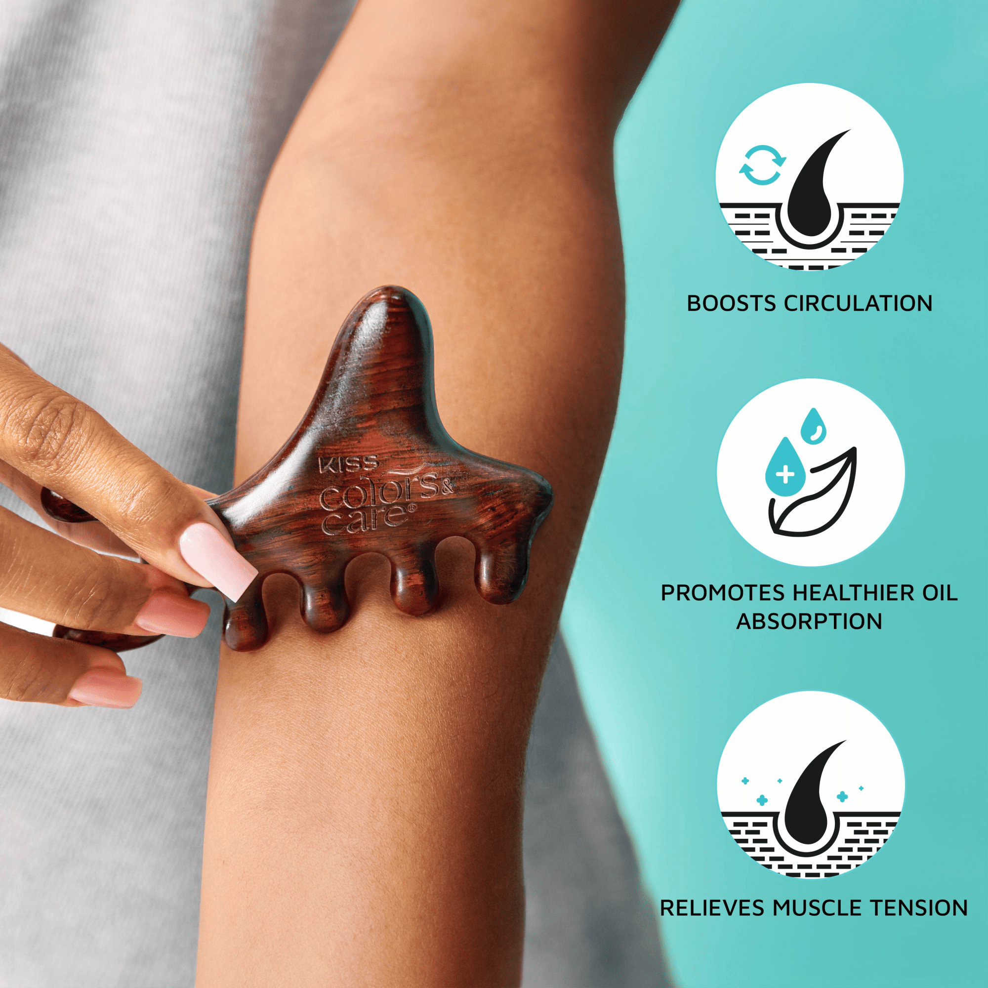 Hand holding dark wooden KISS Colors & Care gua sha tool on forearm, highlighting benefits: boosts circulation, promotes healthier oil absorption, relieves muscle tension.