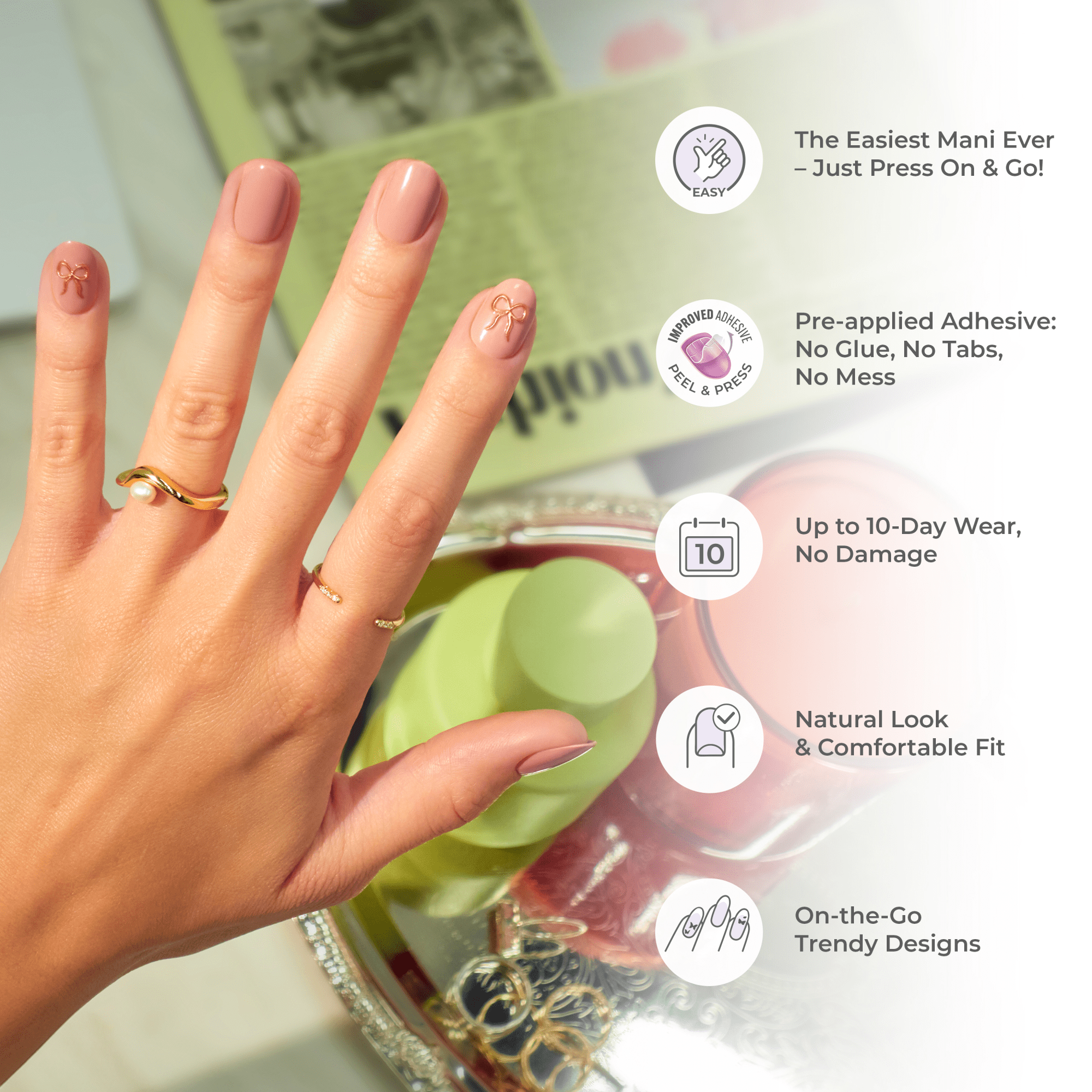 Impress Design No Glue Fake Press On Nails - Bloom | French Design, Red, Medium, Almond, Manicure