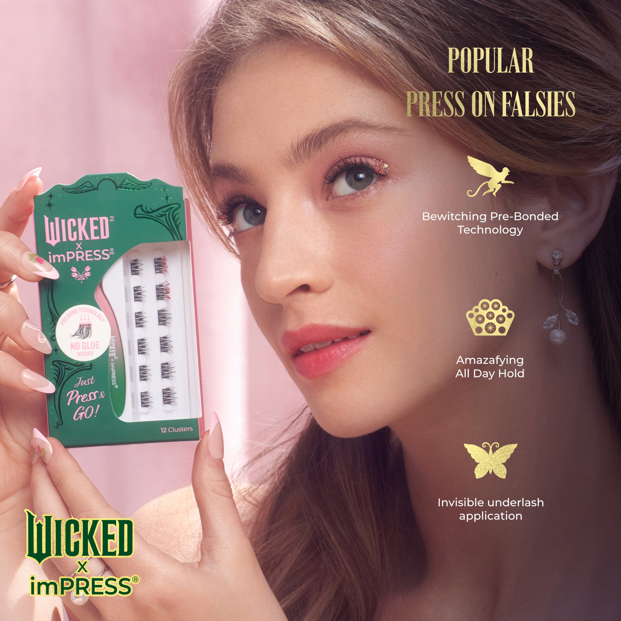 Woman with subtle makeup and decorative lashes holds green packaging of WICKED X imPRESS press-on falsies, featuring pre-bonded, glue-free clusters. Text highlights popular press-on falsies with bewitching pre-bonded technology, all-day hold, and invisible underlash application.