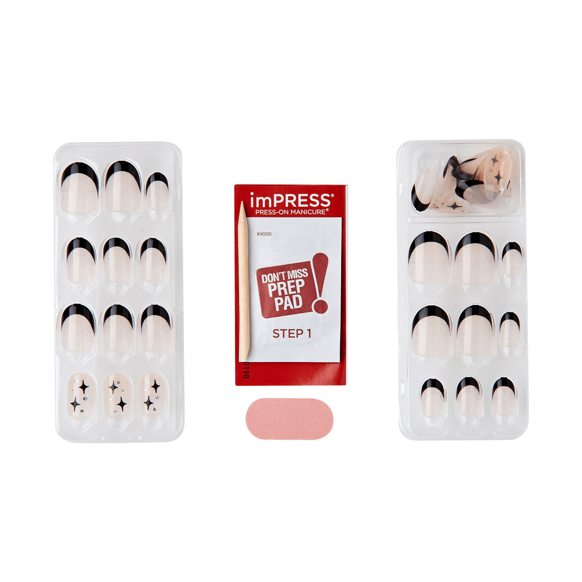 The image features a set of press-on nails arranged in a plastic tray. The nails are designed with a nude base and feature black tips, creating a stylish French manicure look. Alongside the nail set is a small packet labeled "imPRESS" that contains a "Prep Pad," which is the first step in the application process. The overall presentation is clean and organized, highlighting the nails and the prep product for easy use.
