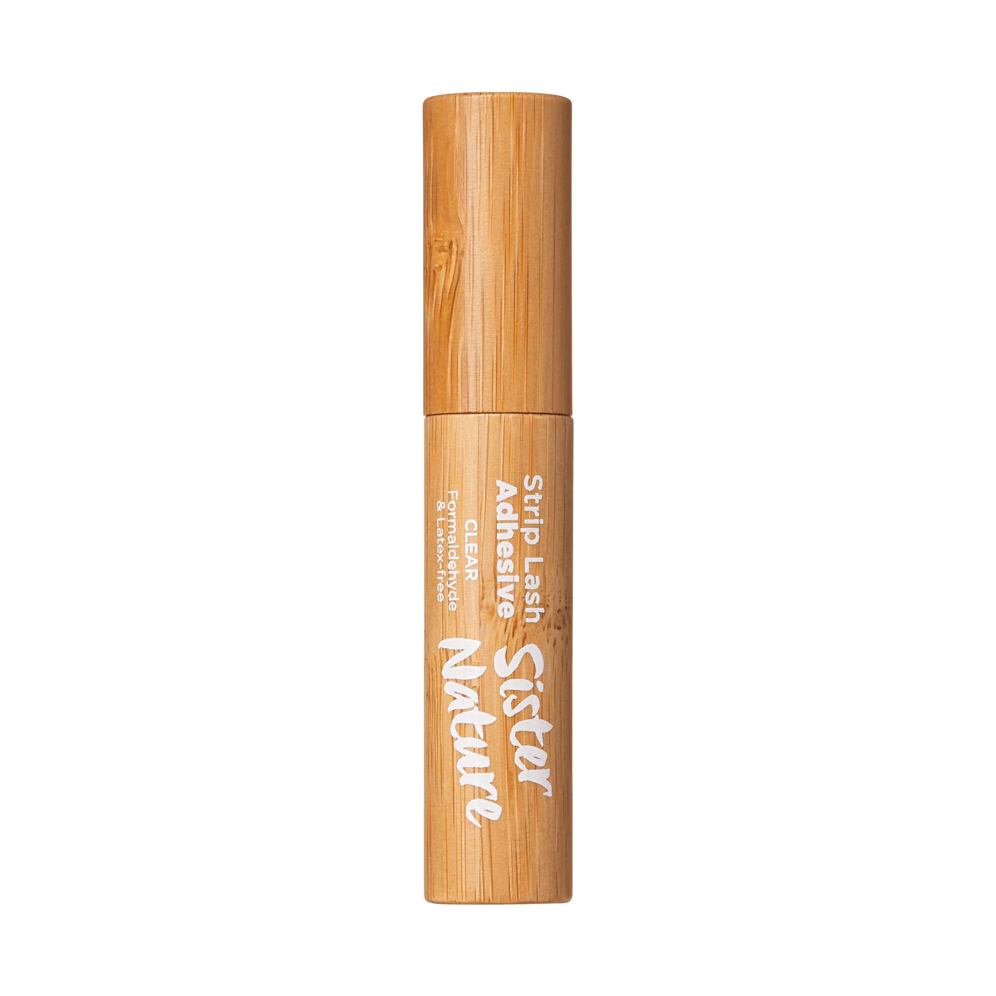 Tube of KISS Sister Nature Strip Lash Adhesive in clear, with natural wood-textured packaging labeled as formaldehyde- and latex-free.