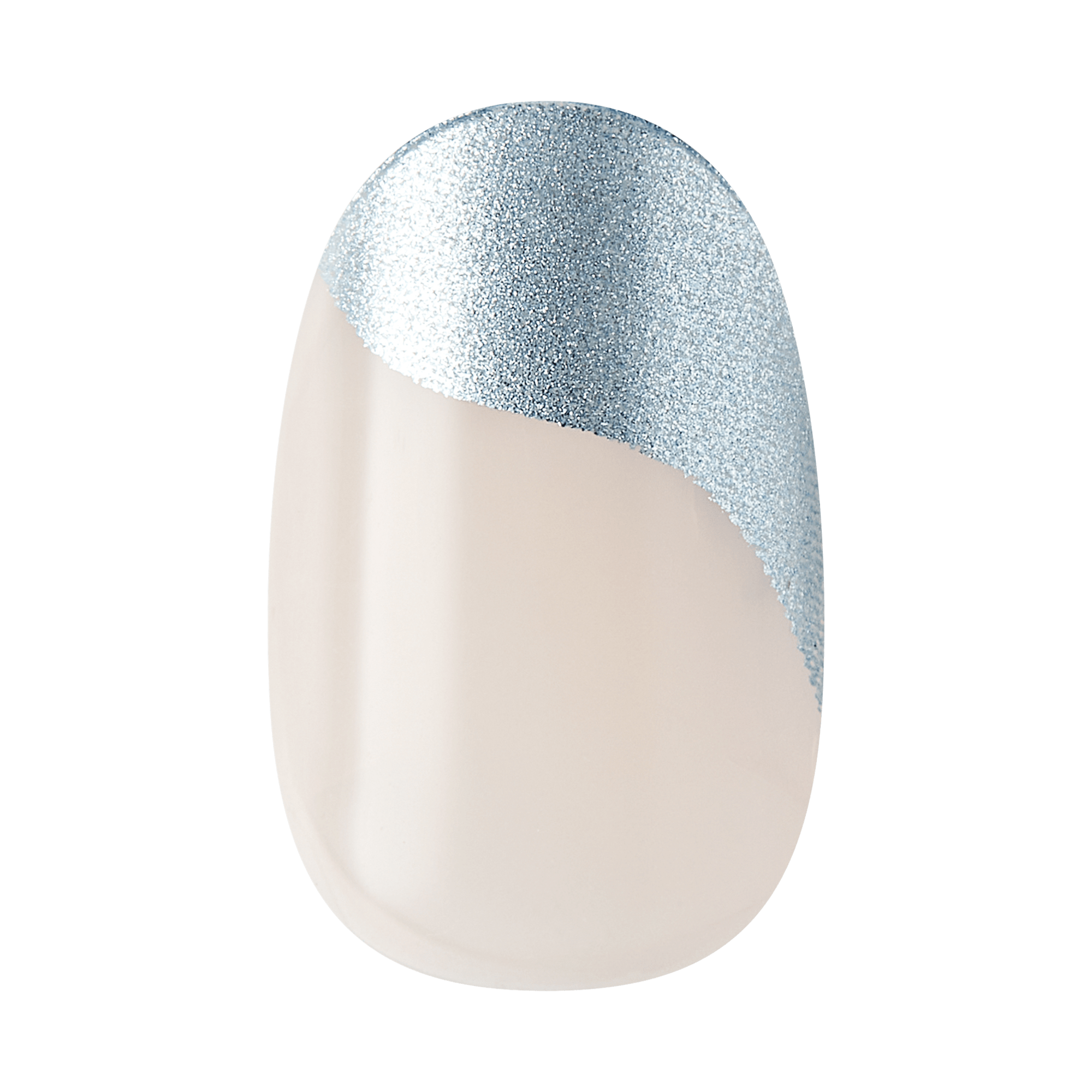 The image shows a single artificial nail with a stylish design. The base of the nail is a smooth, glossy, nude color. The upper portion of the nail features a diagonal, curved section covered in a shimmering, metallic silver glitter. The design is elegant and modern, combining simplicity with a touch of sparkle.