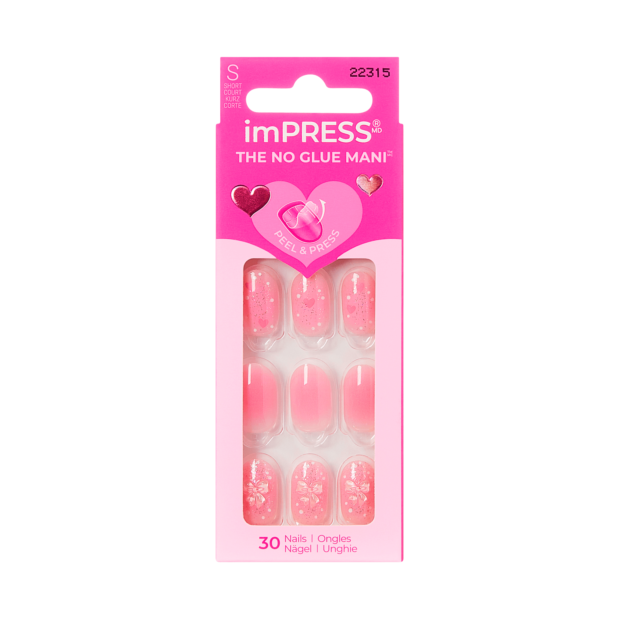 imPRESS No Glue Mani press-on nails in pink with glitter designs, size short.