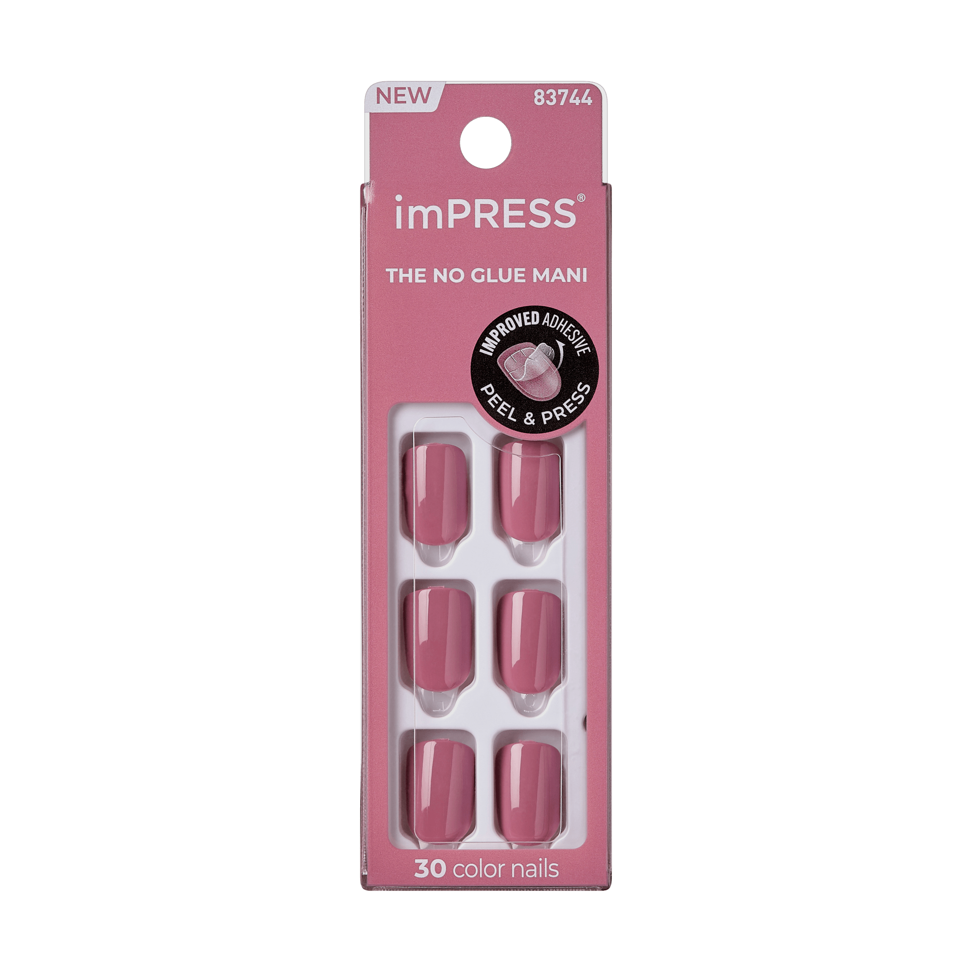 The image features a packaging for imPRESS press-on nails. The box is predominantly pink and showcases the product as "The No Glue Mani." It highlights that the nails are easy to apply with a "Peel & Press" method. The package contains 30 color nails, and the design emphasizes a modern and convenient approach to nail care. The product is labeled as "NEW" and includes a specific product number, 83744.
