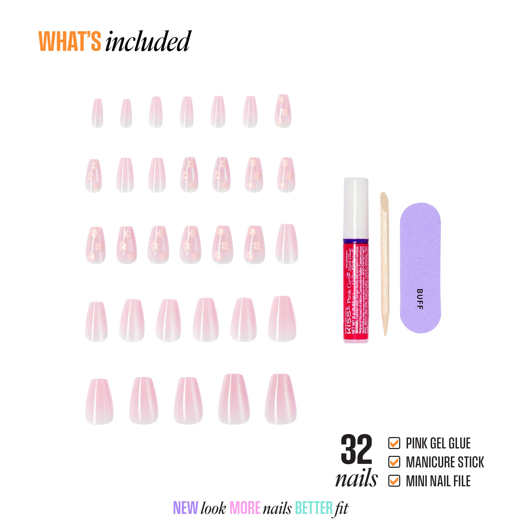 32 pink gel press-on nails with glue, manicure stick, and nail file included.