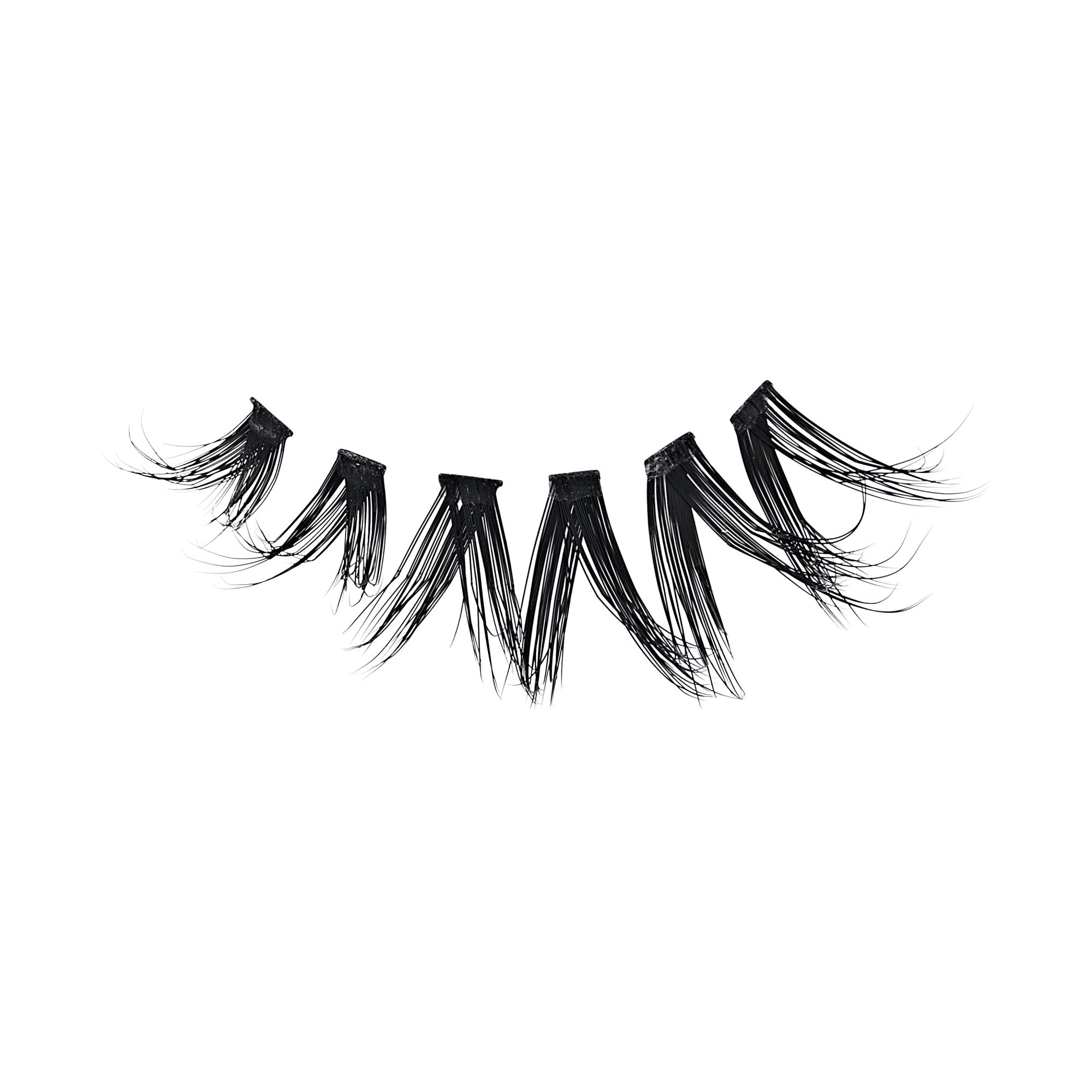 Pair of black false eyelashes with dramatic, layered fibers on white background.