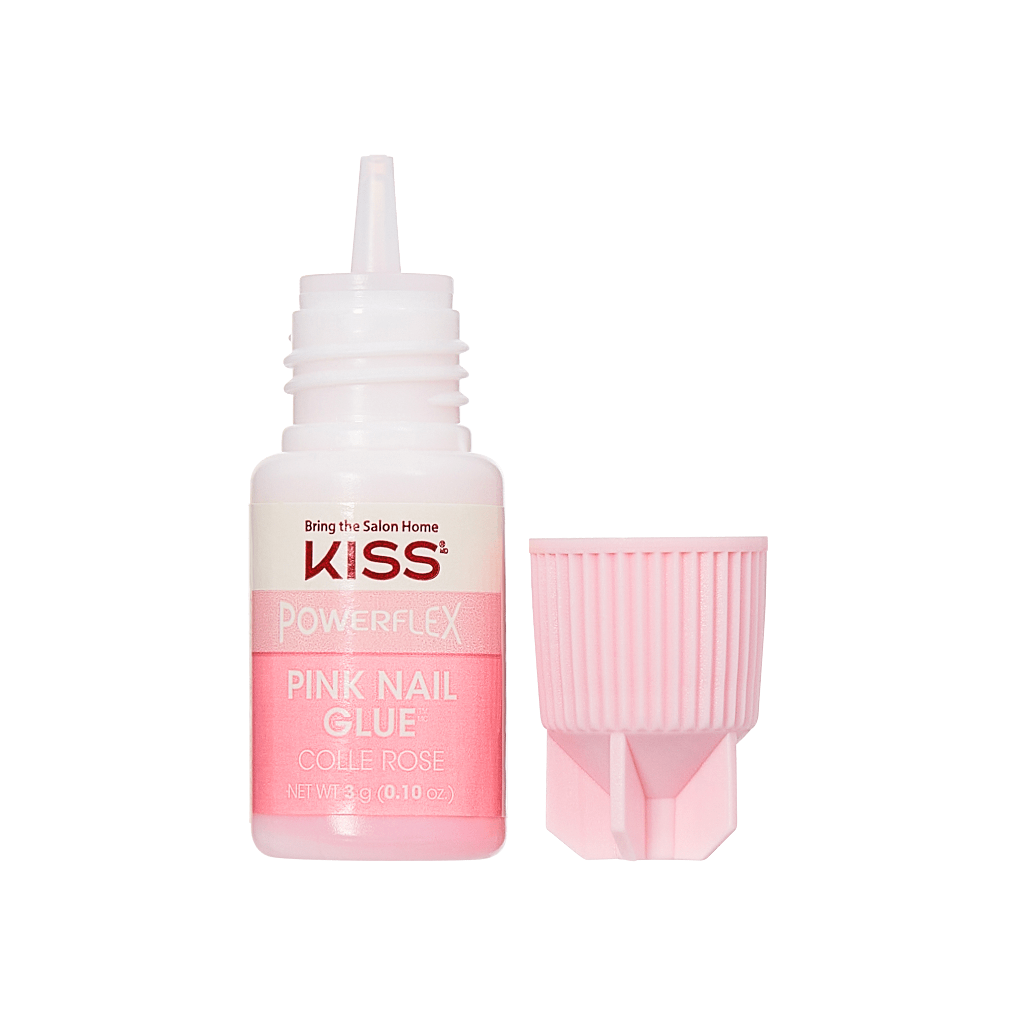 Small pink plastic bottle of KISS PowerFlex Pink Nail Glue with a pointed applicator tip and a ribbed pink screw-on cap placed beside it. Label reads \