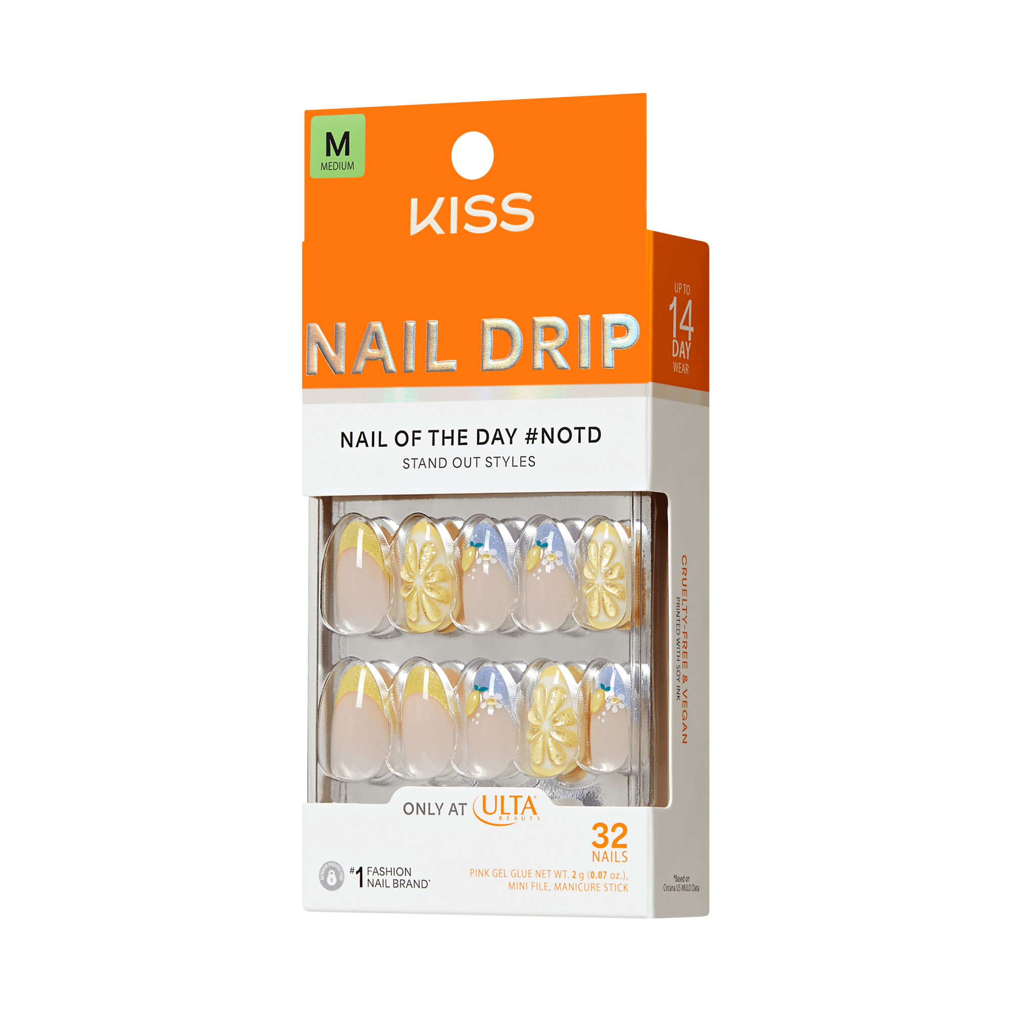 KISS Nail Drip medium press-on nails with lemon and floral designs, 32 count pack.