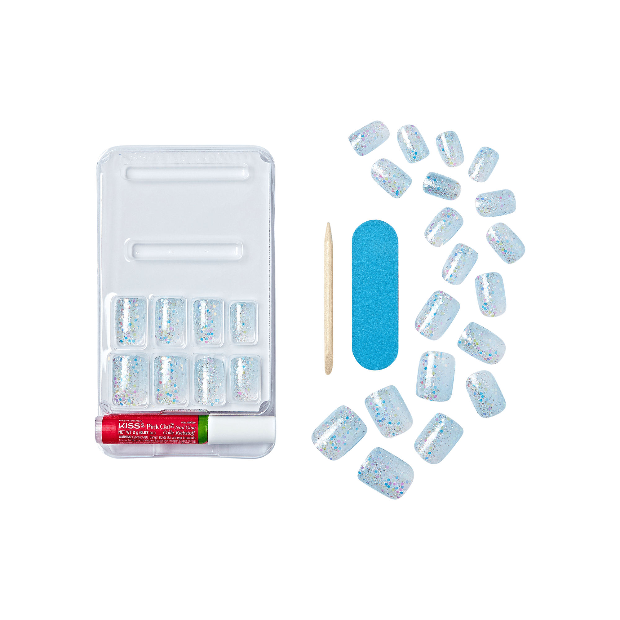 Clear press-on nails with multicolored sparkle glitter in a plastic tray, accompanied by nail glue, a blue nail file, and a wooden cuticle stick.