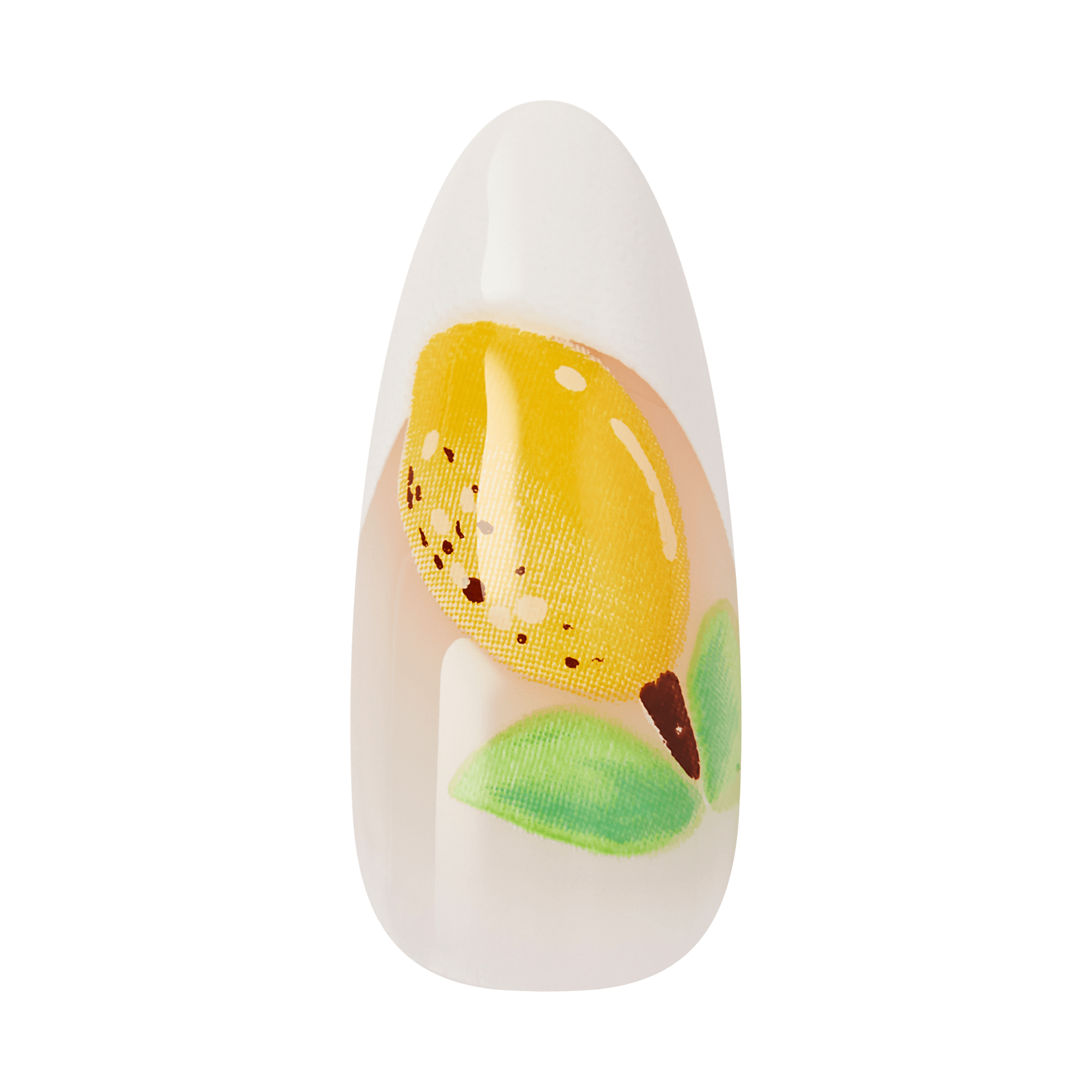 Almond-shaped nail with yellow sunflower design and green leaves on white base.