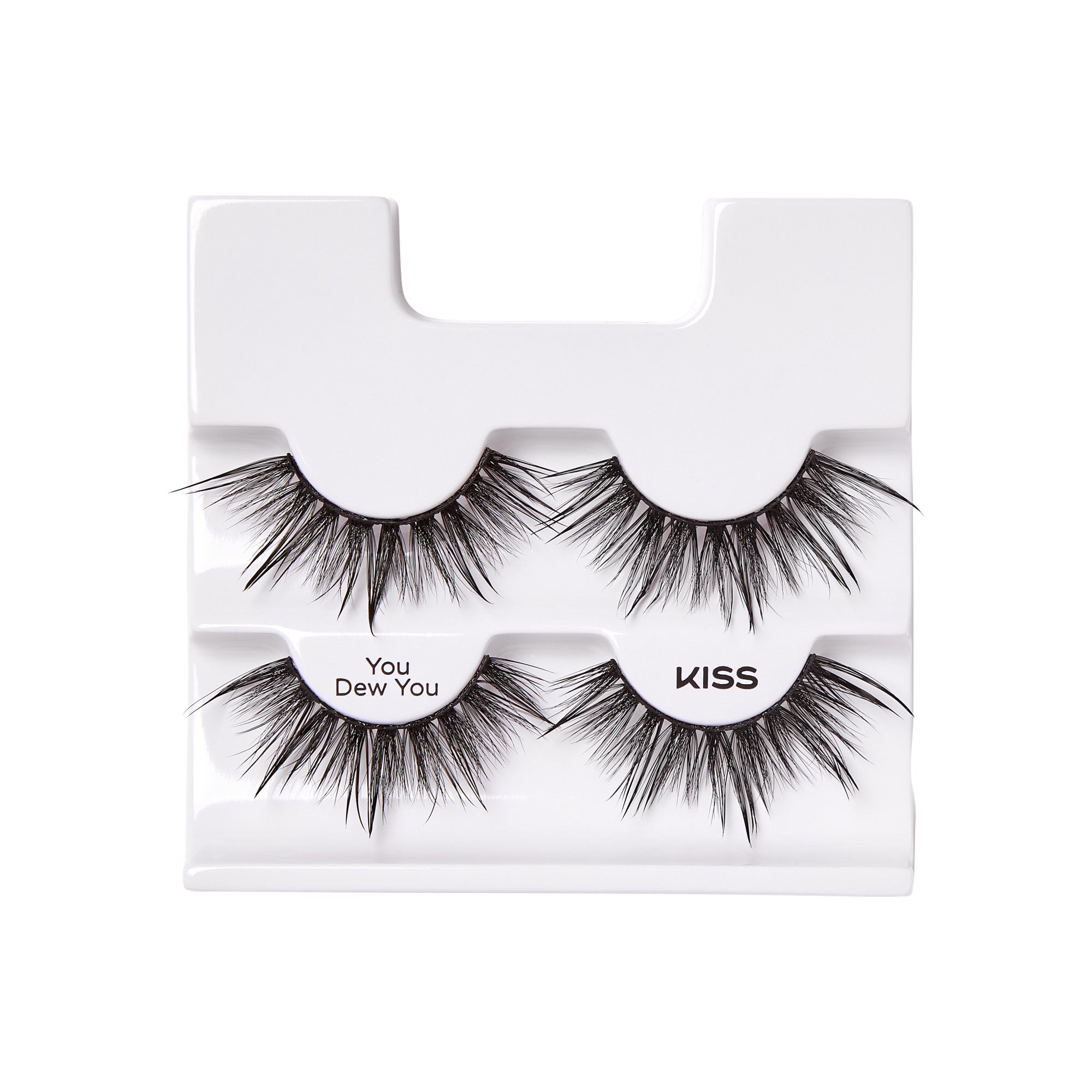 Two pairs of black false eyelashes in white plastic tray packaging, labeled \