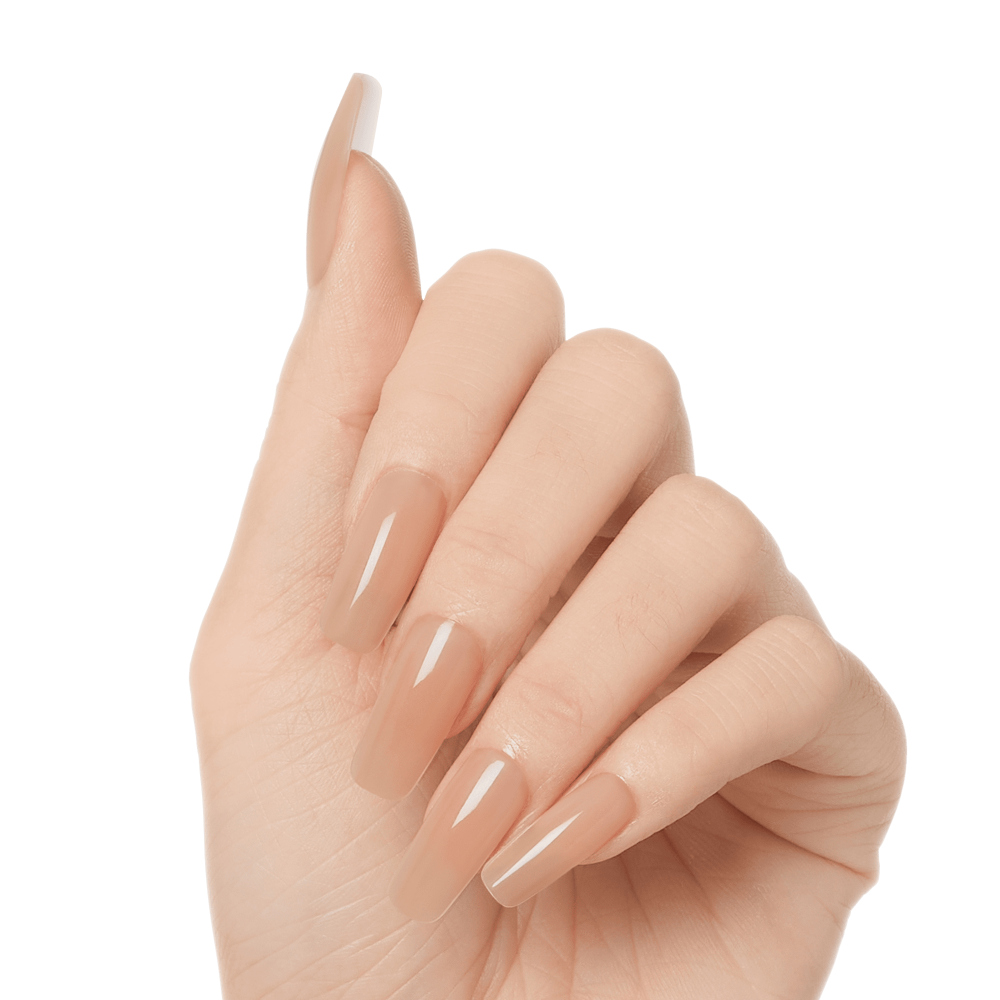 Hand showing long, coffin-shaped press-on gel nails in a glossy nude shade, with a smooth, polished finish and no visible on-image text.