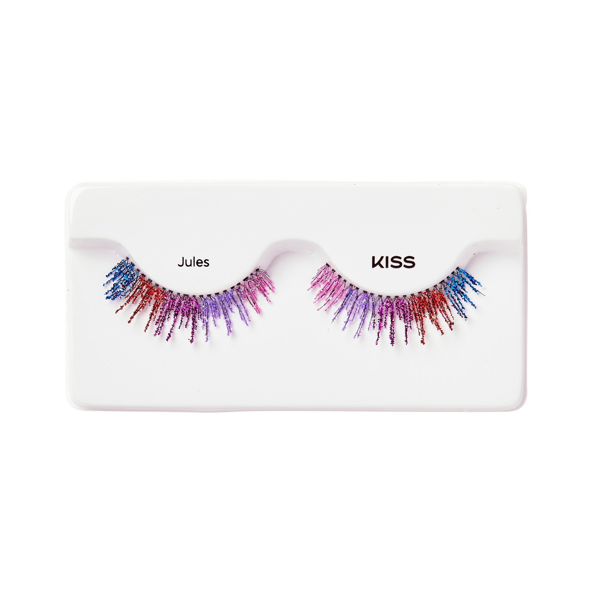Pair of glittery false eyelashes in shades of blue, red, pink, and purple labeled \