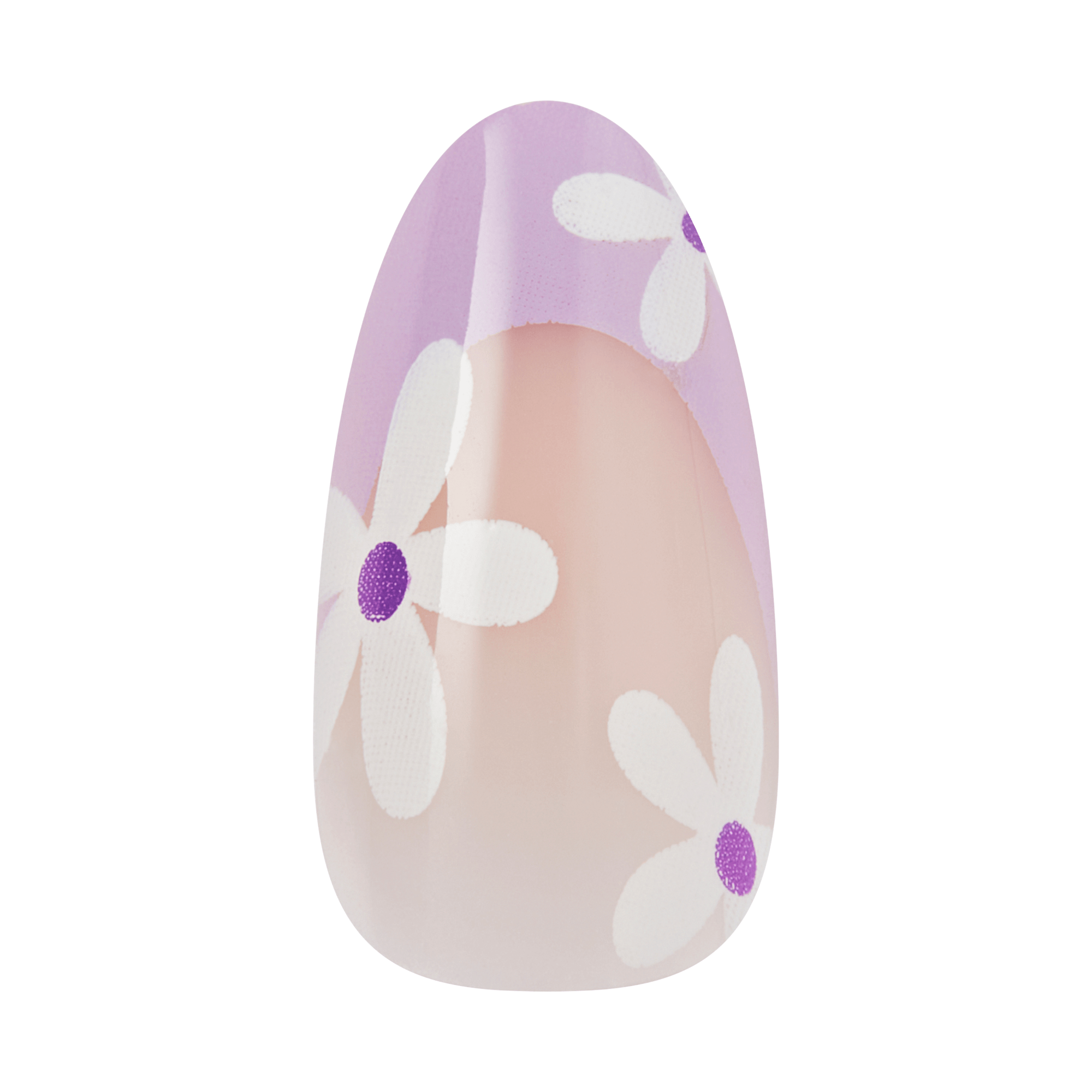 Almond nail design with white flowers, purple centers, and lavender gradient background.