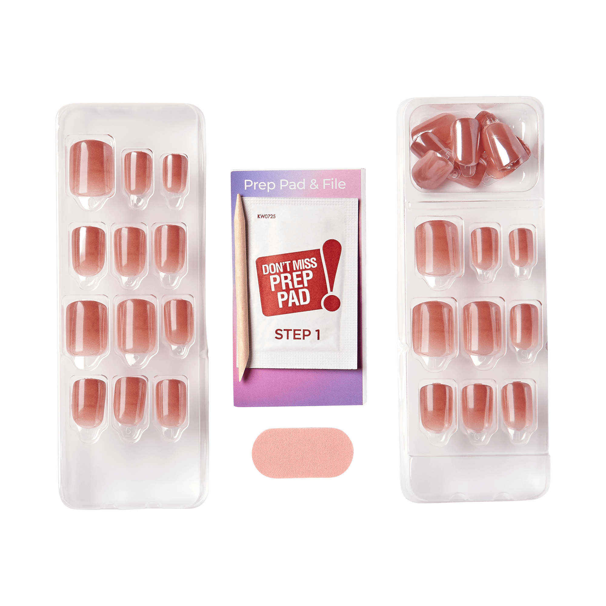 The image shows a set of artificial nails and nail preparation tools. The set includes:
1. Two trays of artificial nails in various sizes, with a pinkish-nude color.
2. A "Prep Pad & File" packet labeled "Step 1," which likely contains a prep pad and a nail file.
3. A small, rectangular, pink nail file.
The items are arranged neatly, with the artificial nails on either side of the prep pad packet and the nail file placed below it.