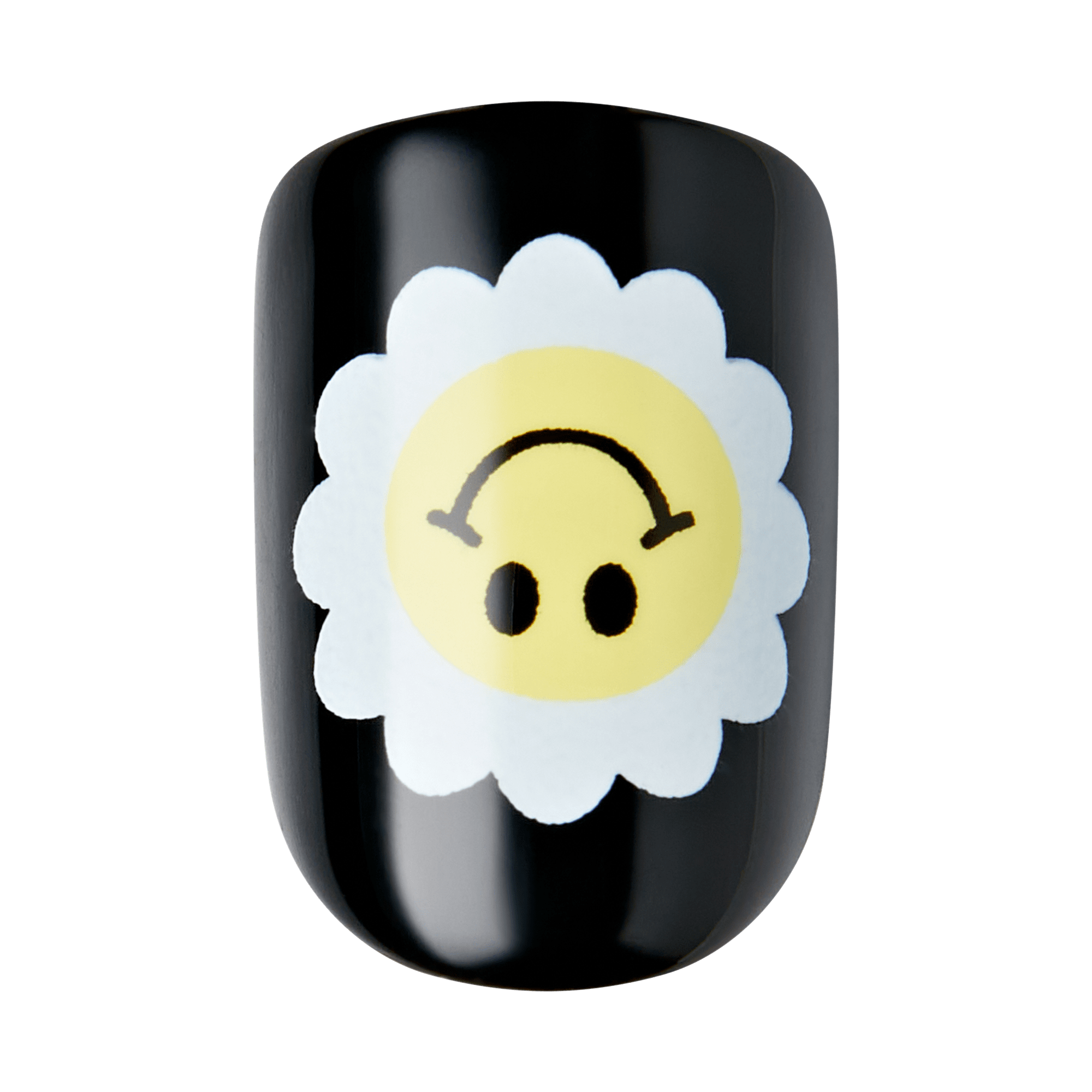 The image shows a black artificial nail with a design featuring a white flower with a yellow center. Inside the yellow center, there is a simple, stylized face with two black dots for eyes and a curved line for a mouth, resembling a smiley face. The overall design is minimalistic and playful.