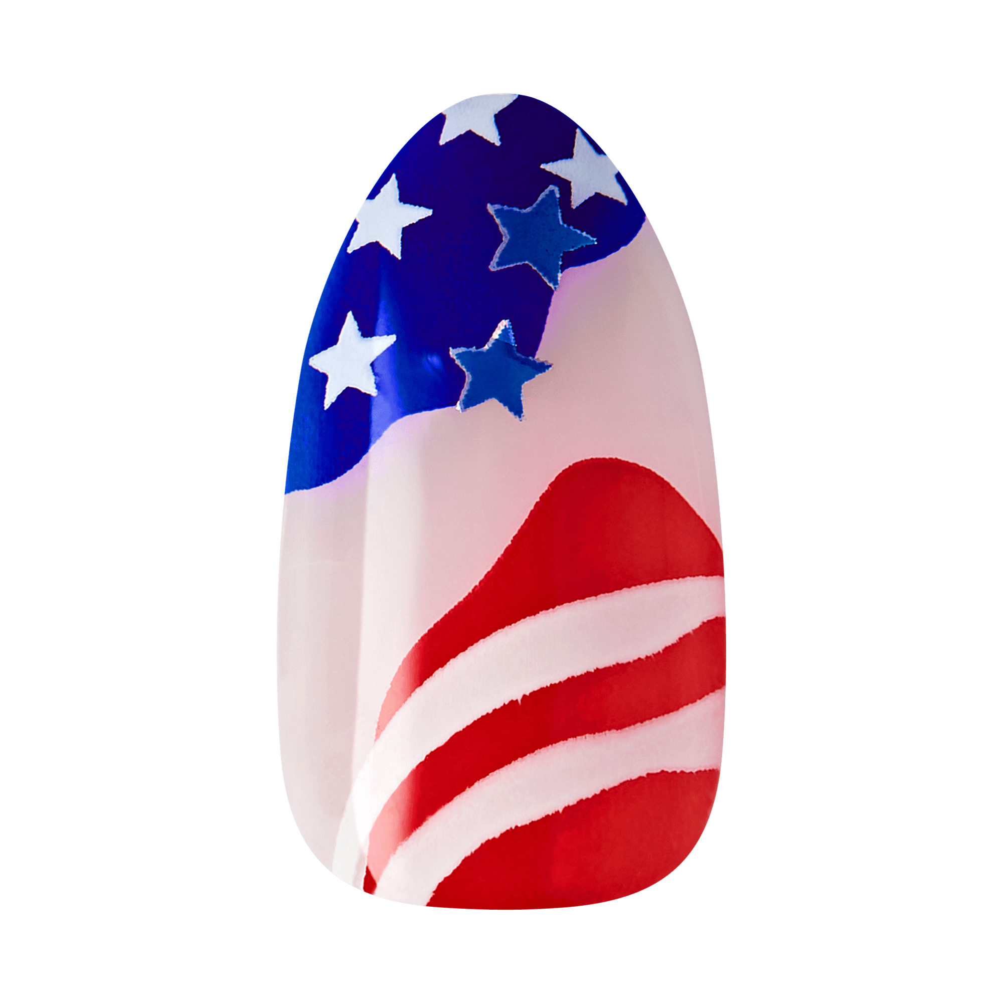 The image features a nail design that showcases the American flag. The design includes a blue section adorned with white stars and a red and white striped section, representing the flag&