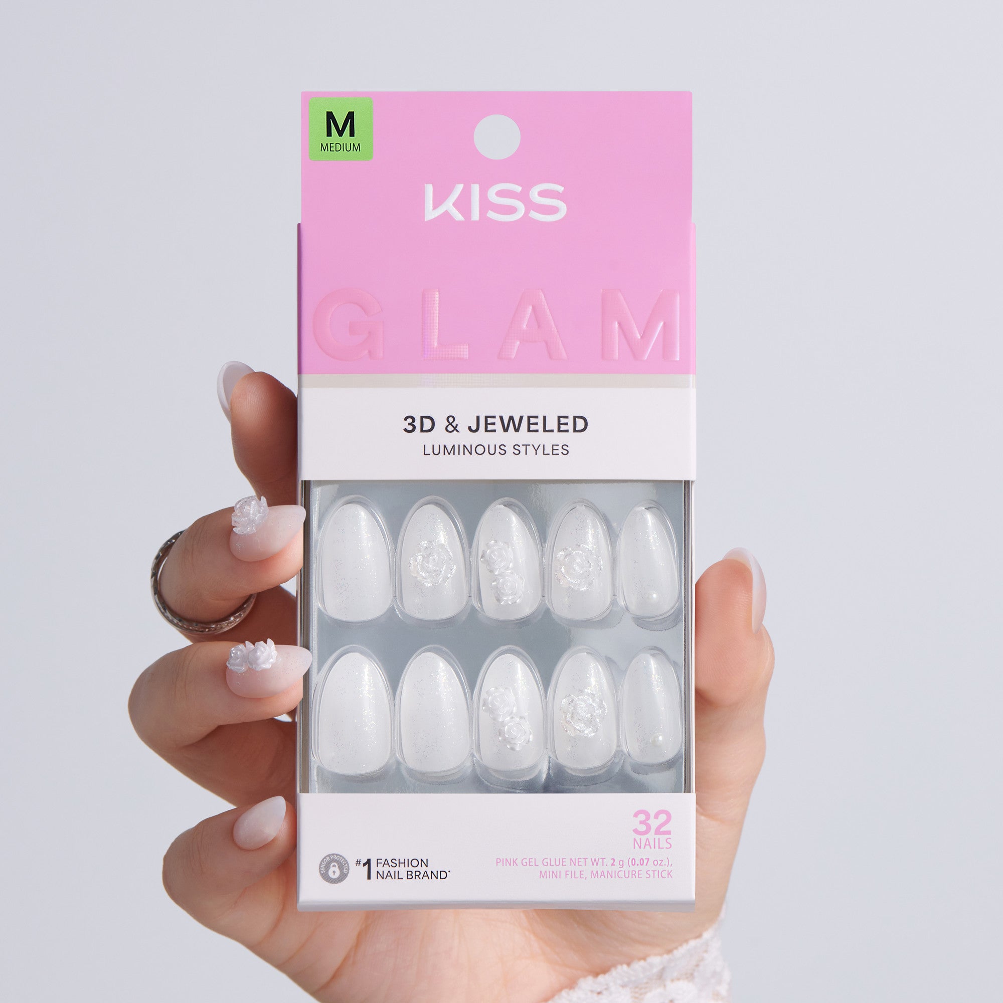 Kiss Glam Jeweled Press On Fake Glue Nails - Polaroid | 3D & Jeweled Design, White, Medium, Almond