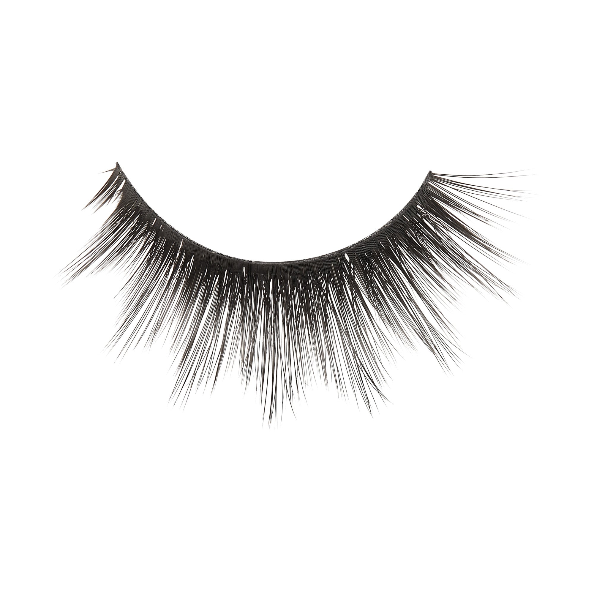 Single black false eyelash with a wispy, multi-length design tapering outward, shown against a white background.