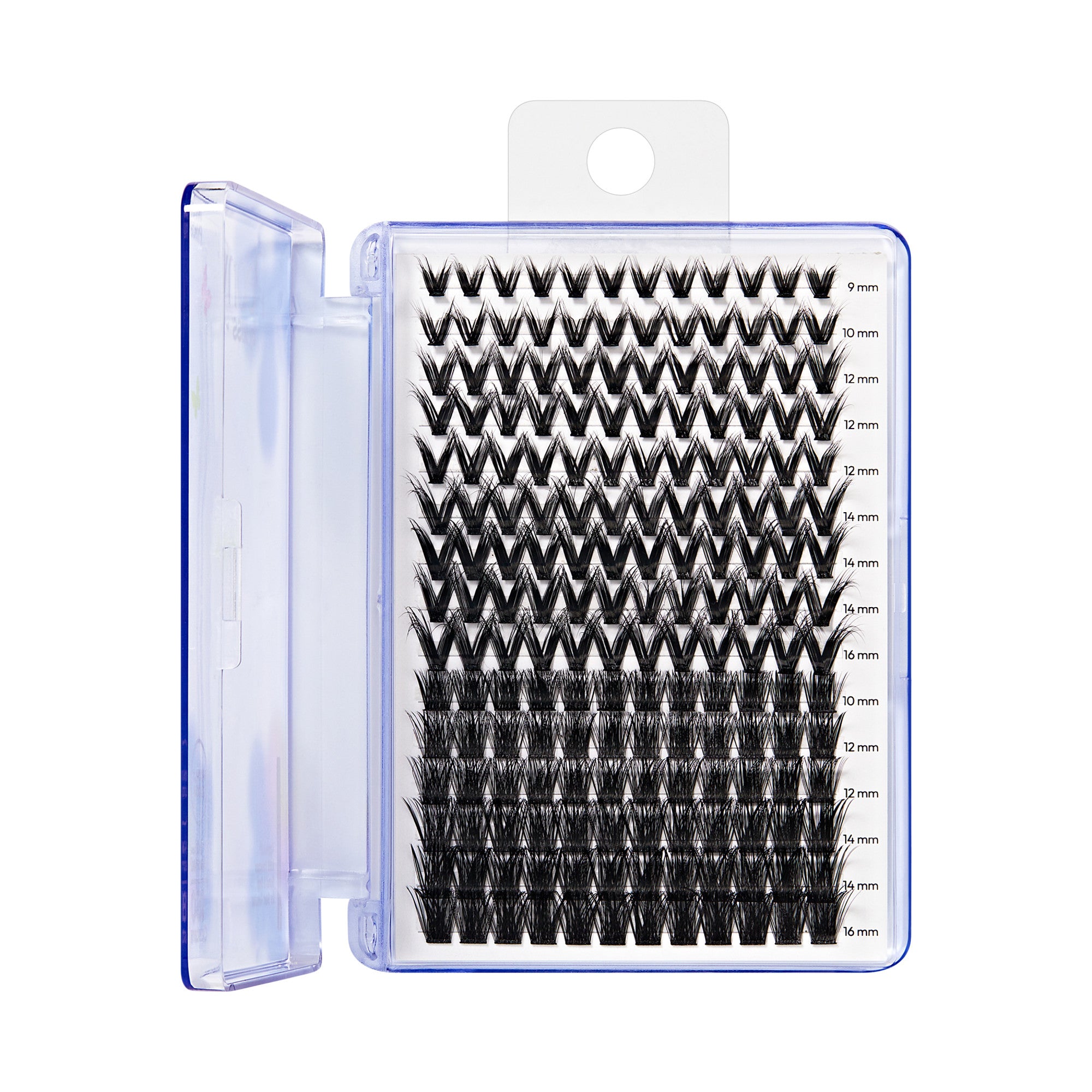 Lash extension palette with organized rows of individual lashes in various lengths from 9mm to 16mm.