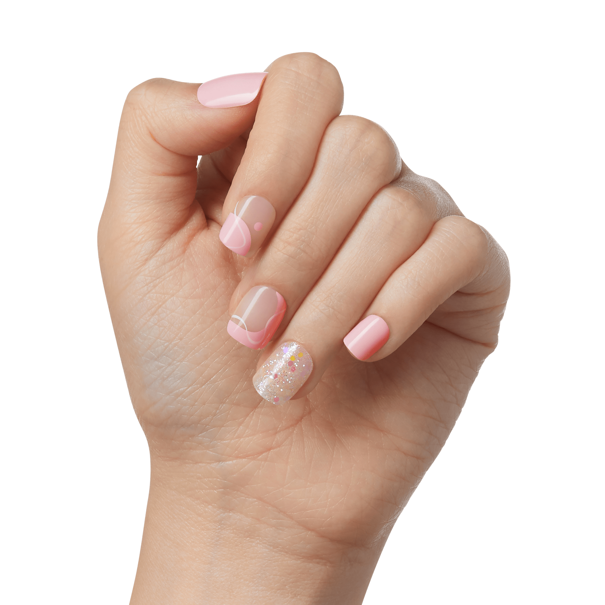 The image shows a close-up of a hand with manicured nails. The nails are painted in a light pink color, with the ring finger featuring a glittery design. The nails are neatly shaped and the overall appearance is clean and well-groomed. The background is plain white, which highlights the details of the manicure.