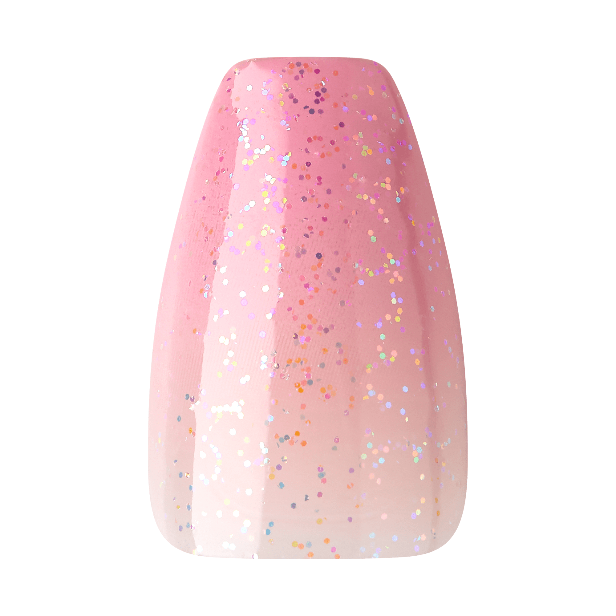 The image shows a single artificial nail with a gradient design. The nail transitions from a light pink at the base to a darker pink towards the tip. It is adorned with fine, multicolored glitter that is evenly distributed across the entire surface, giving it a sparkly and festive appearance. The shape of the nail is slightly tapered, with a rounded tip.