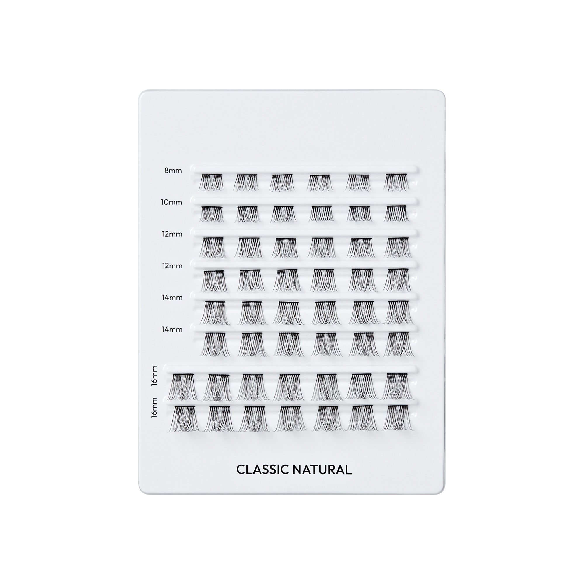 Classic Natural lash extension sample palette with sizes 8mm-16mm displayed in rows.