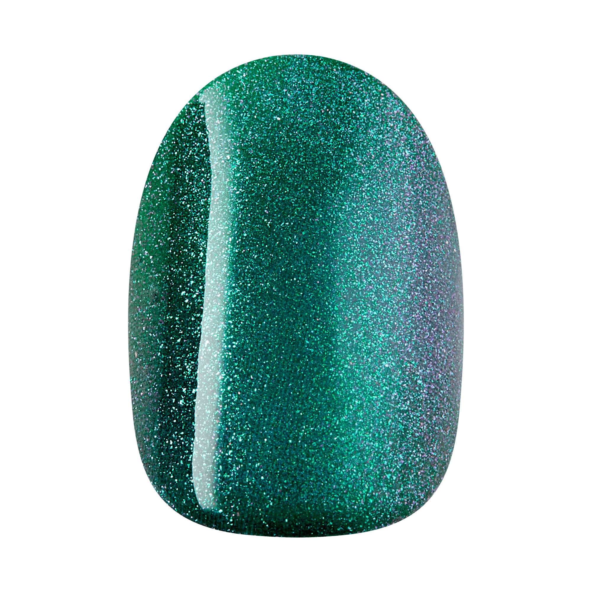 The image features a nail polish swatch showcasing a vibrant green color with a shimmering, holographic finish. The polish has a smooth, glossy surface that reflects light, creating a sparkling effect. The gradient of shades ranges from deep emerald to lighter green, enhancing its depth and visual appeal. The overall look is striking and eye-catching, perfect for a bold manicure.