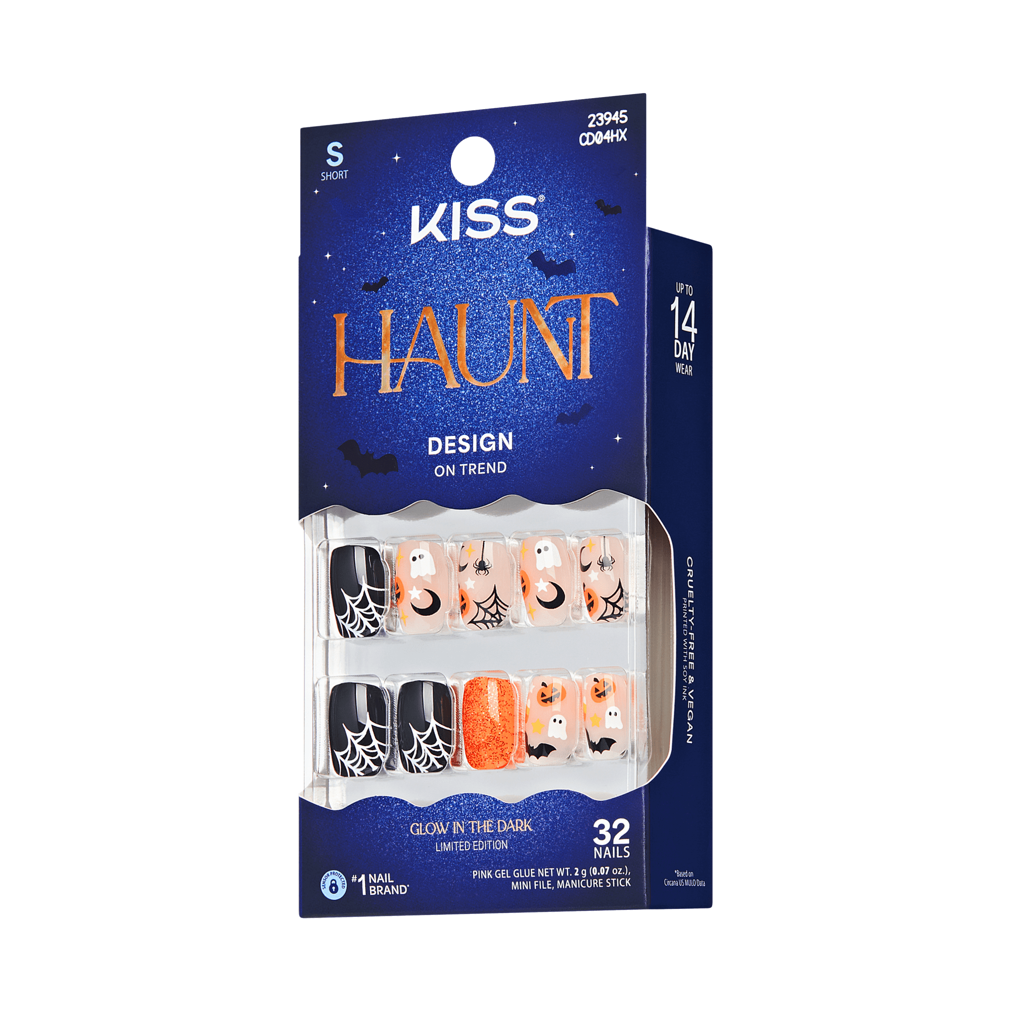 Kiss Haunt Halloween Press On Fake Glue Nails - Fangs for the Memories | Design, Orange & Black, Short, Squoval, Glow In The Dark
