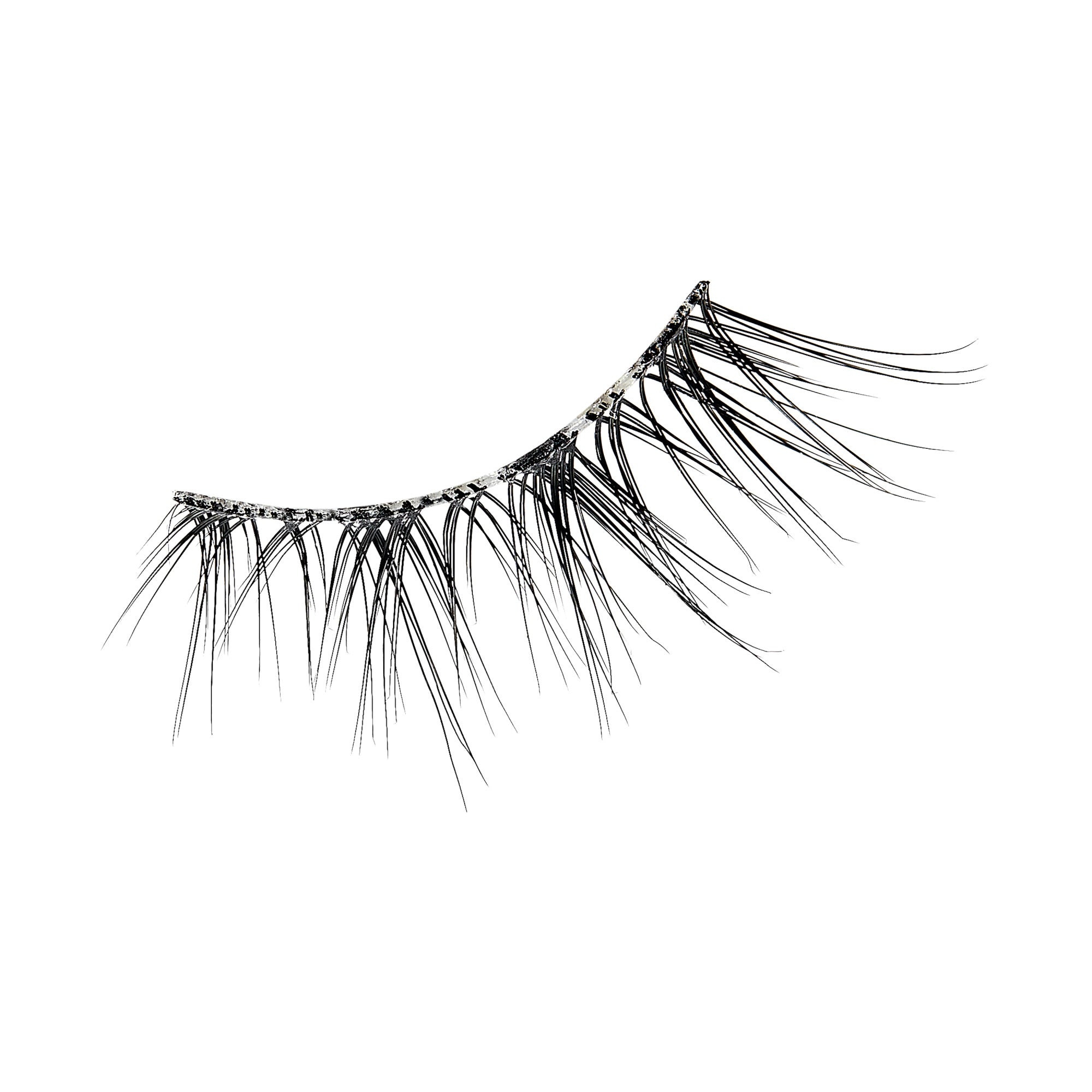 The image shows a single false eyelash. The eyelash is black and features a design with varying lengths of individual lashes, creating a wispy and voluminous effect. The base of the eyelash is a thin, flexible strip that is used to attach the eyelash to the eyelid. The lashes are arranged in a way that mimics the natural growth pattern of real eyelashes, with shorter lashes on the inner corner and longer lashes towards the outer corner.