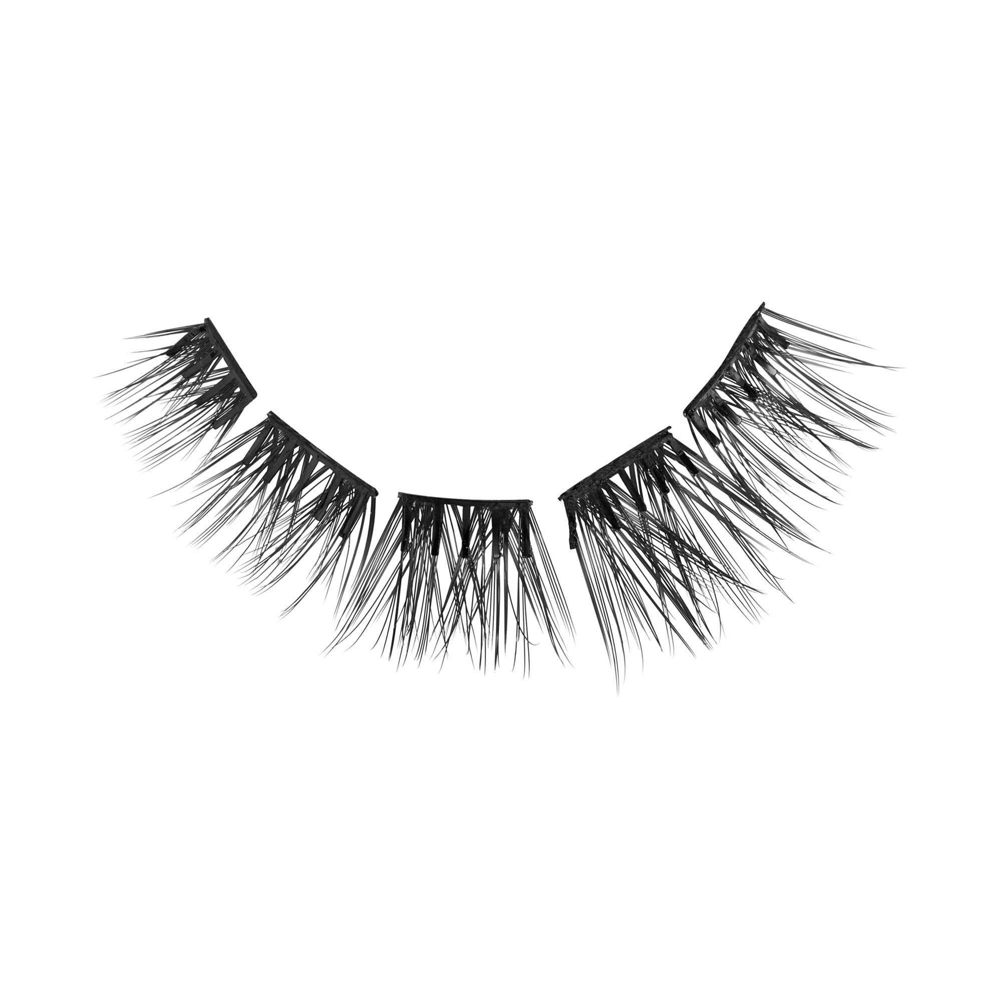 Pair of black false eyelashes with full, voluminous lashes on white background.