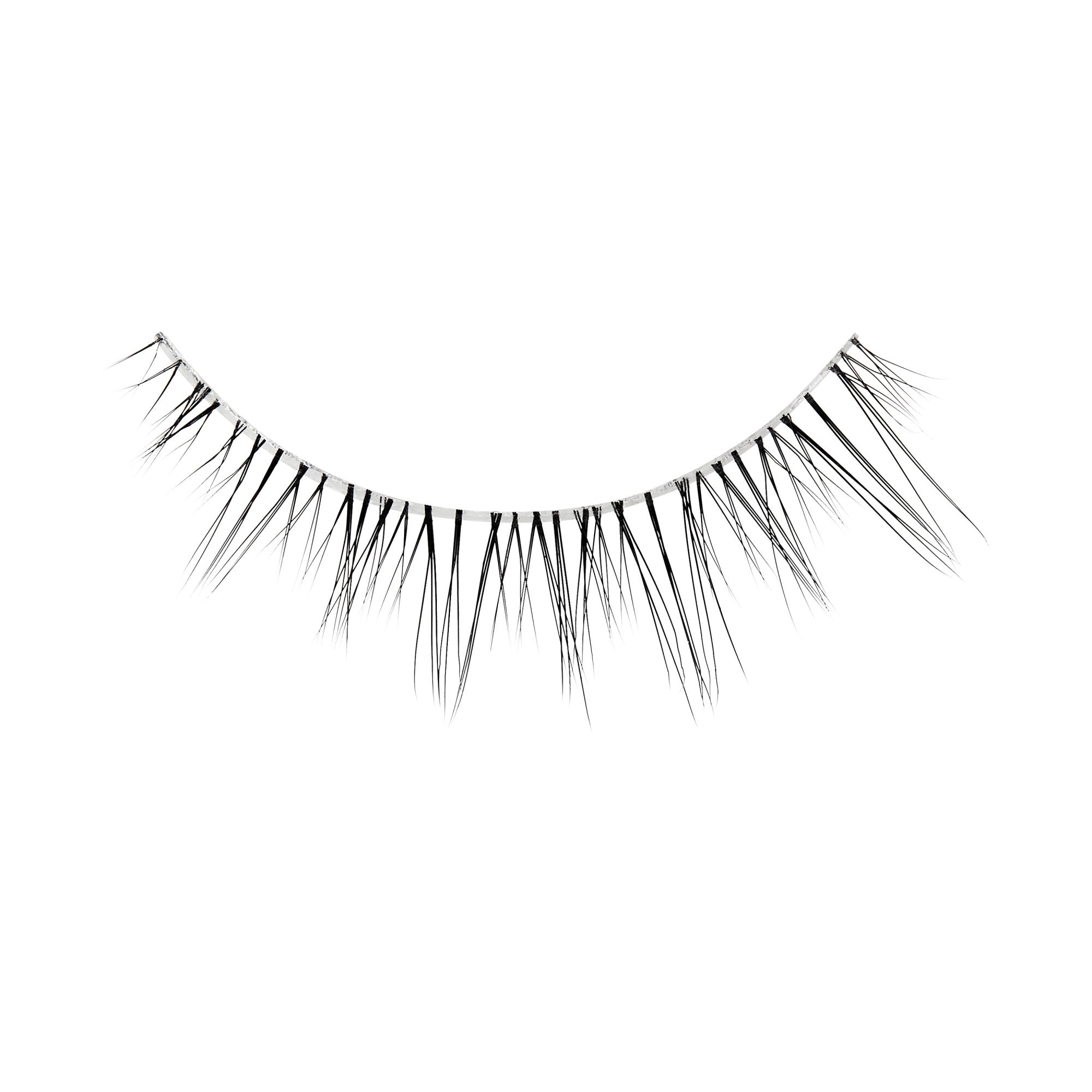 The image features a single strip of false eyelashes. The lashes are long and wispy, arranged in a curved shape to mimic the natural arch of eyelids. They are predominantly black, with varying lengths that create a layered effect, enhancing the appearance of volume and length. The background is plain white, emphasizing the detail and texture of the lashes.
