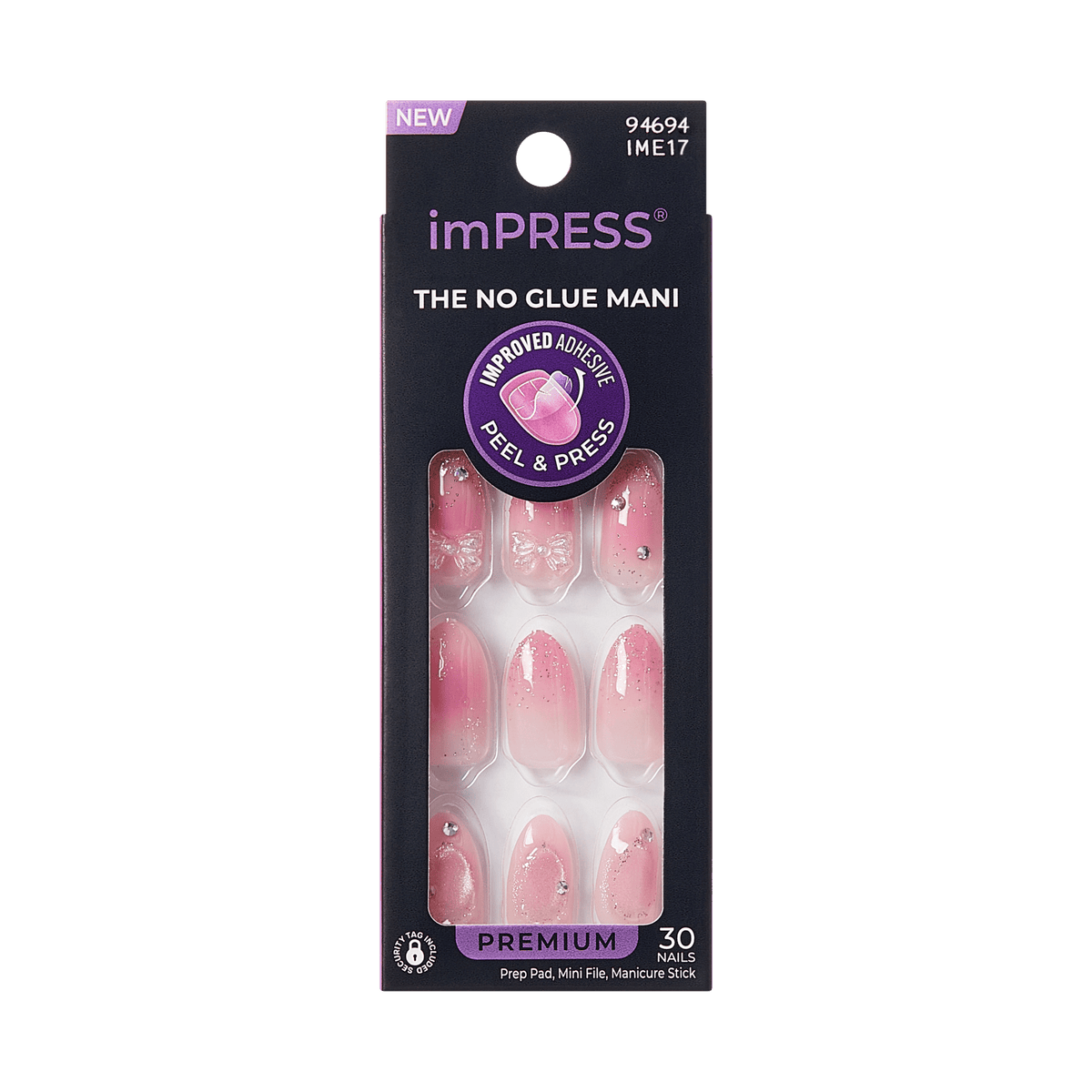 imPRESS Press-On Nails in pink with bow design, peel and press adhesive application.